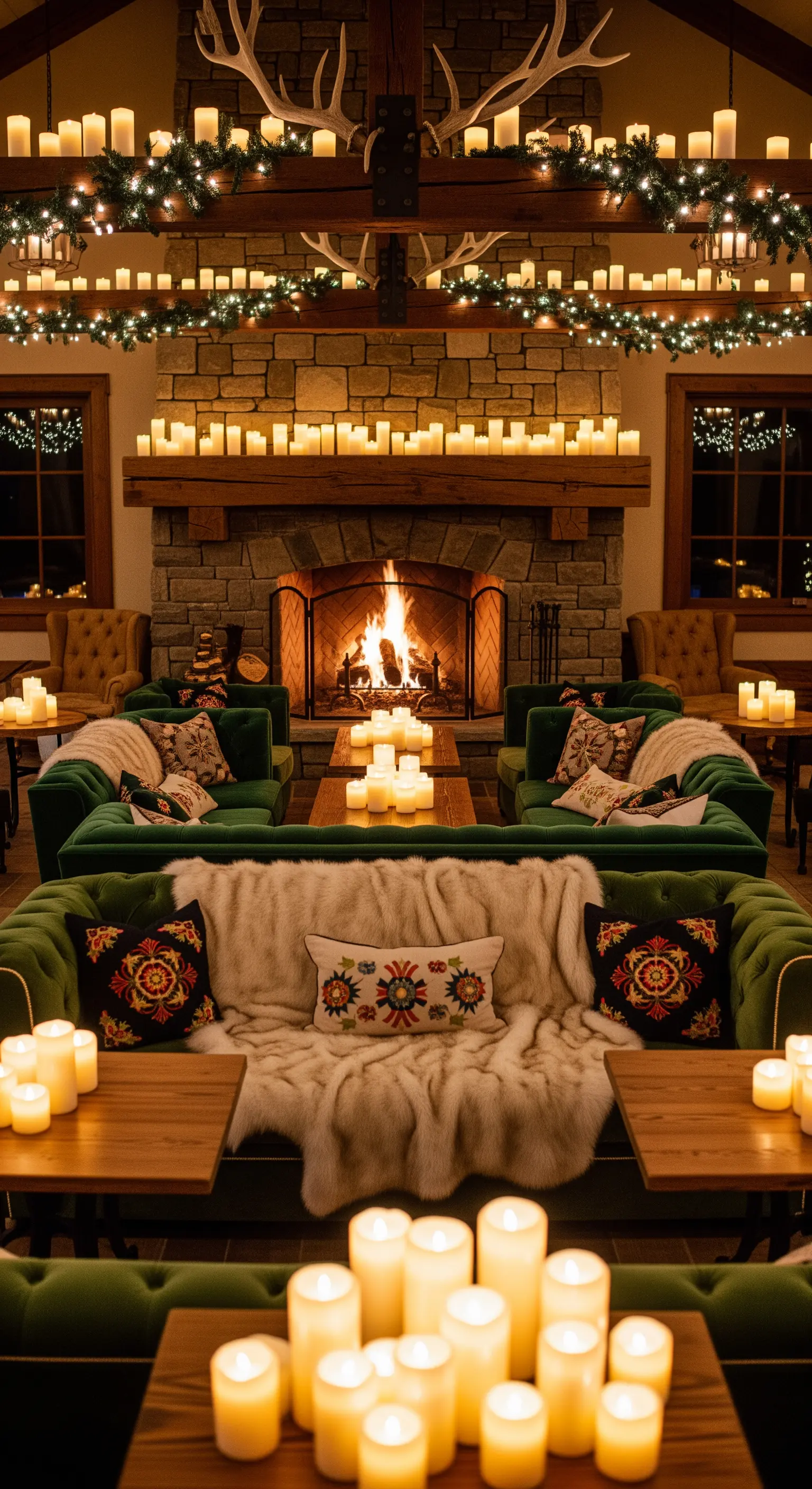 Angolo lounge con camino, divani in velluto e decine di candele accese.
