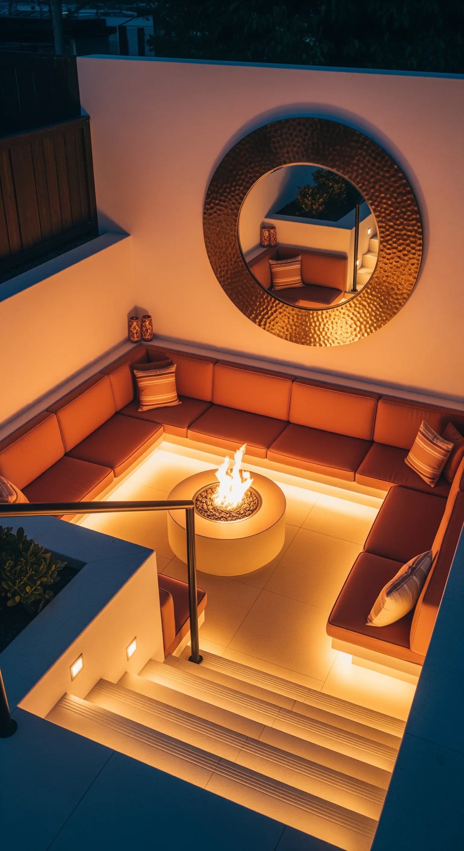 Area lounge esterna ribassata con divano a U, braciere centrale e specchio rotondo in metallo.