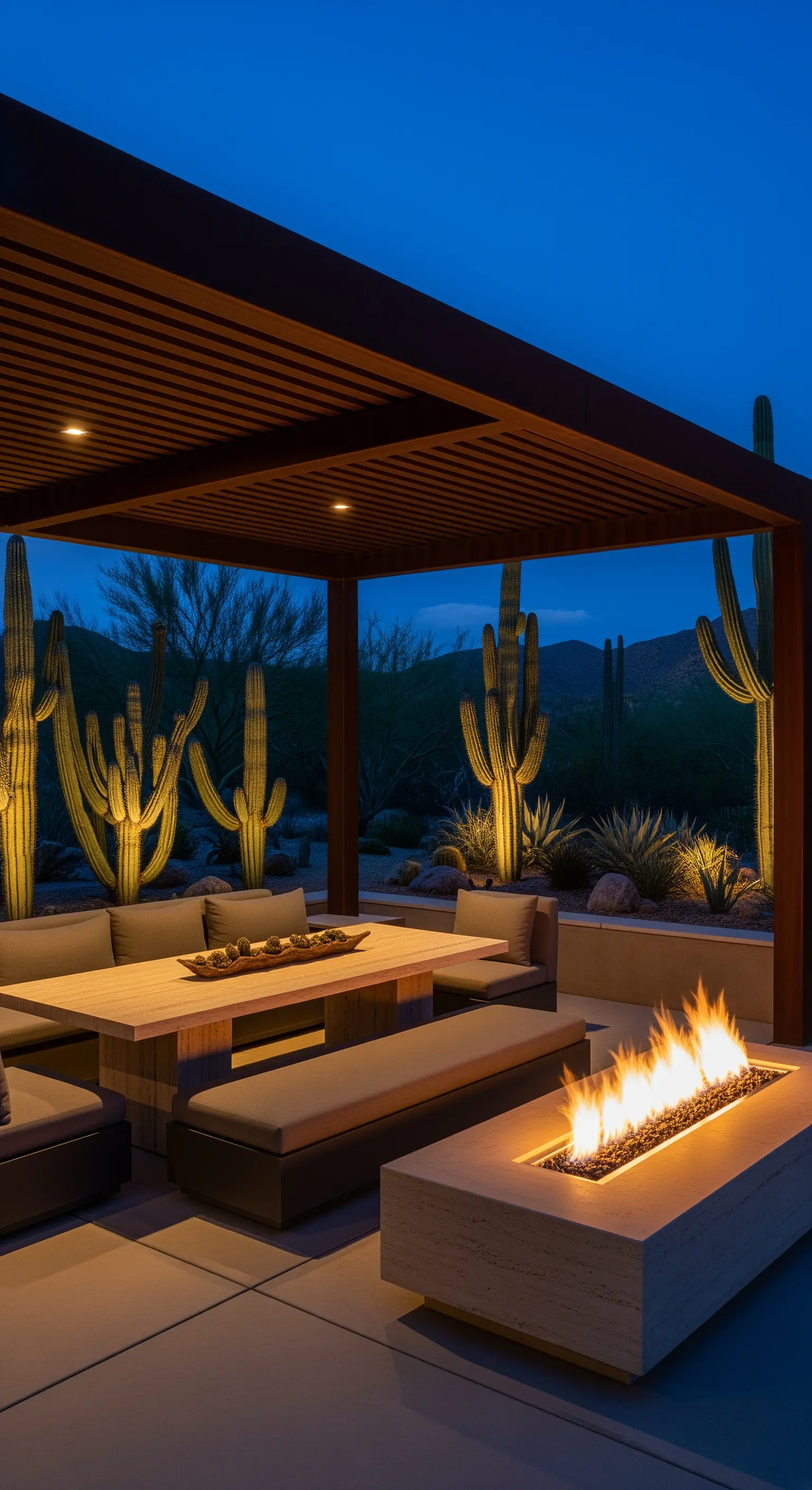 Patio moderno nel deserto con pergola, divani e un braciere lineare acceso.