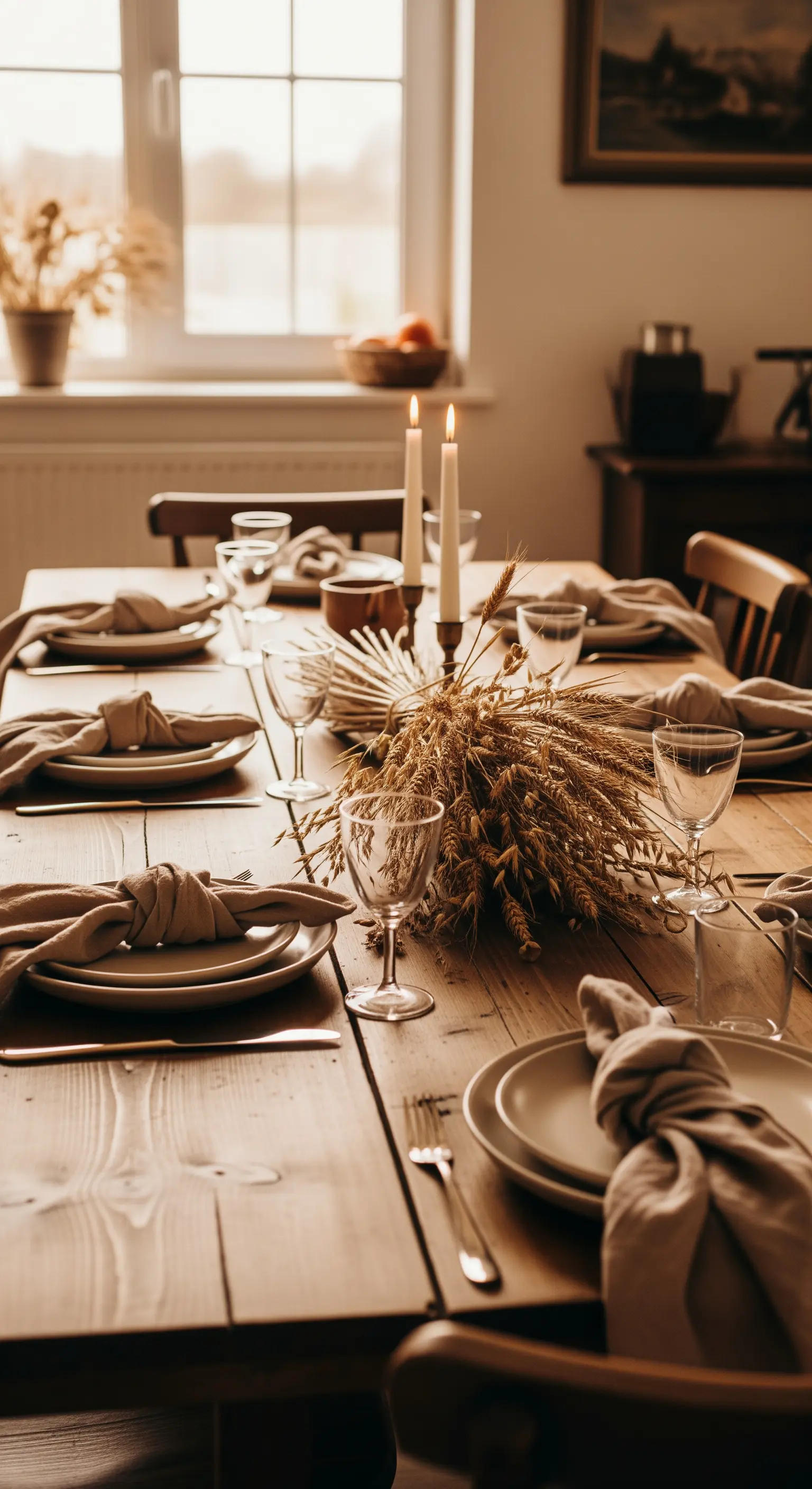 Tavola rustica con centrotavola di spighe di grano e candele.