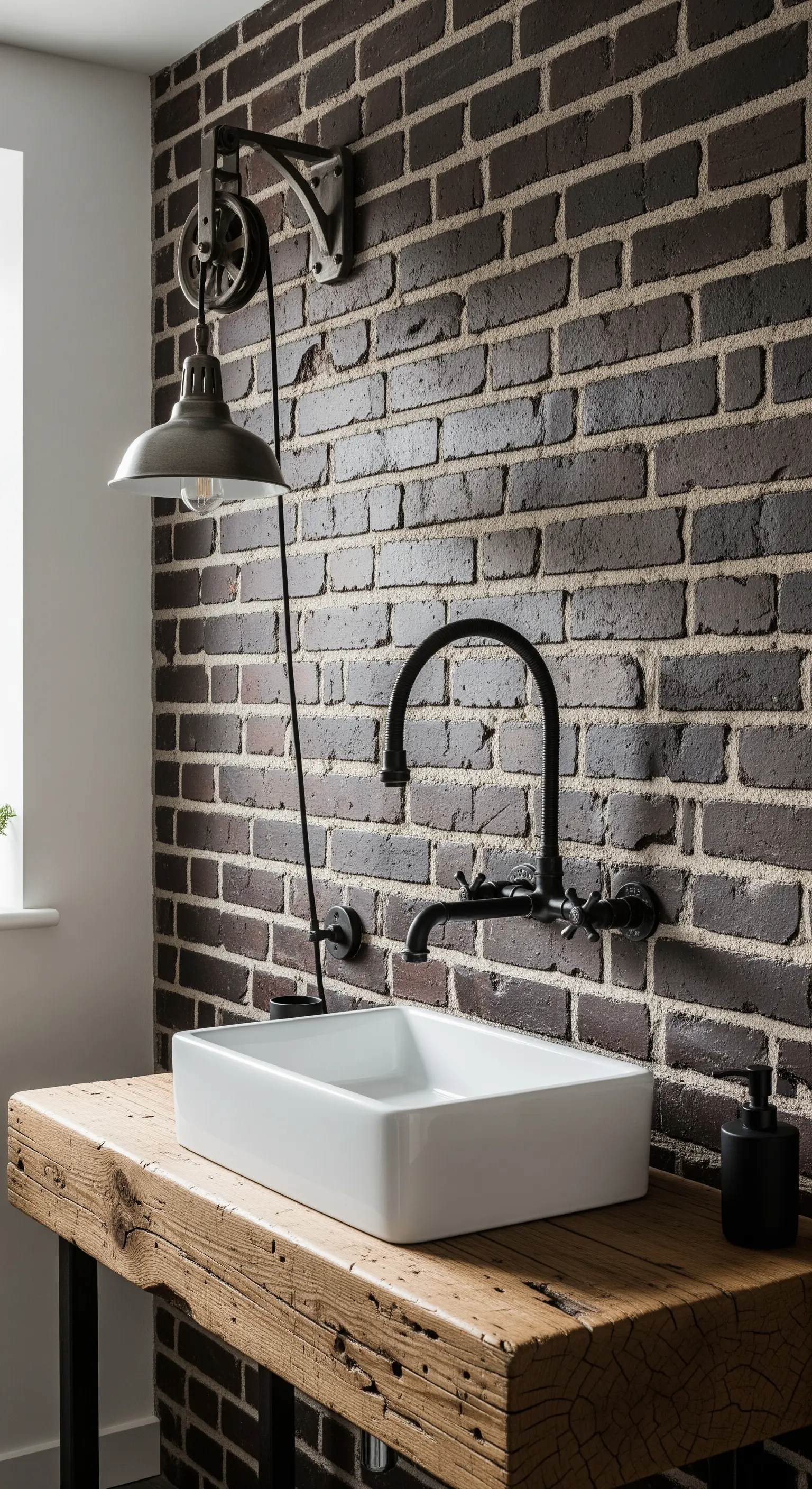 Lavabo da appoggio su top in legno massiccio, con lampada a carrucola e mattoni scuri.