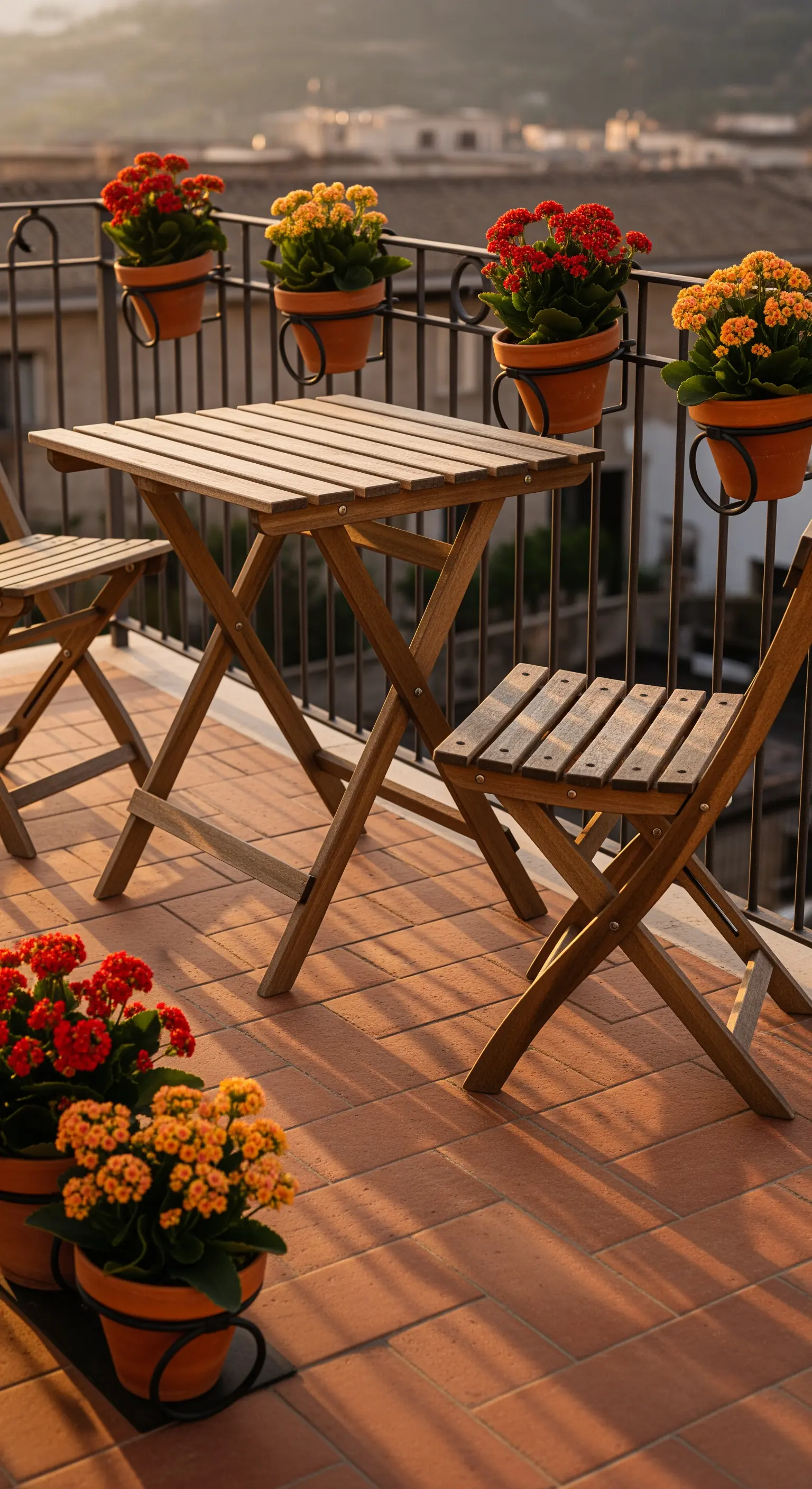 Balcone al tramonto con tavolo e sedie in legno, e vasi di terracotta con fiori colorati.