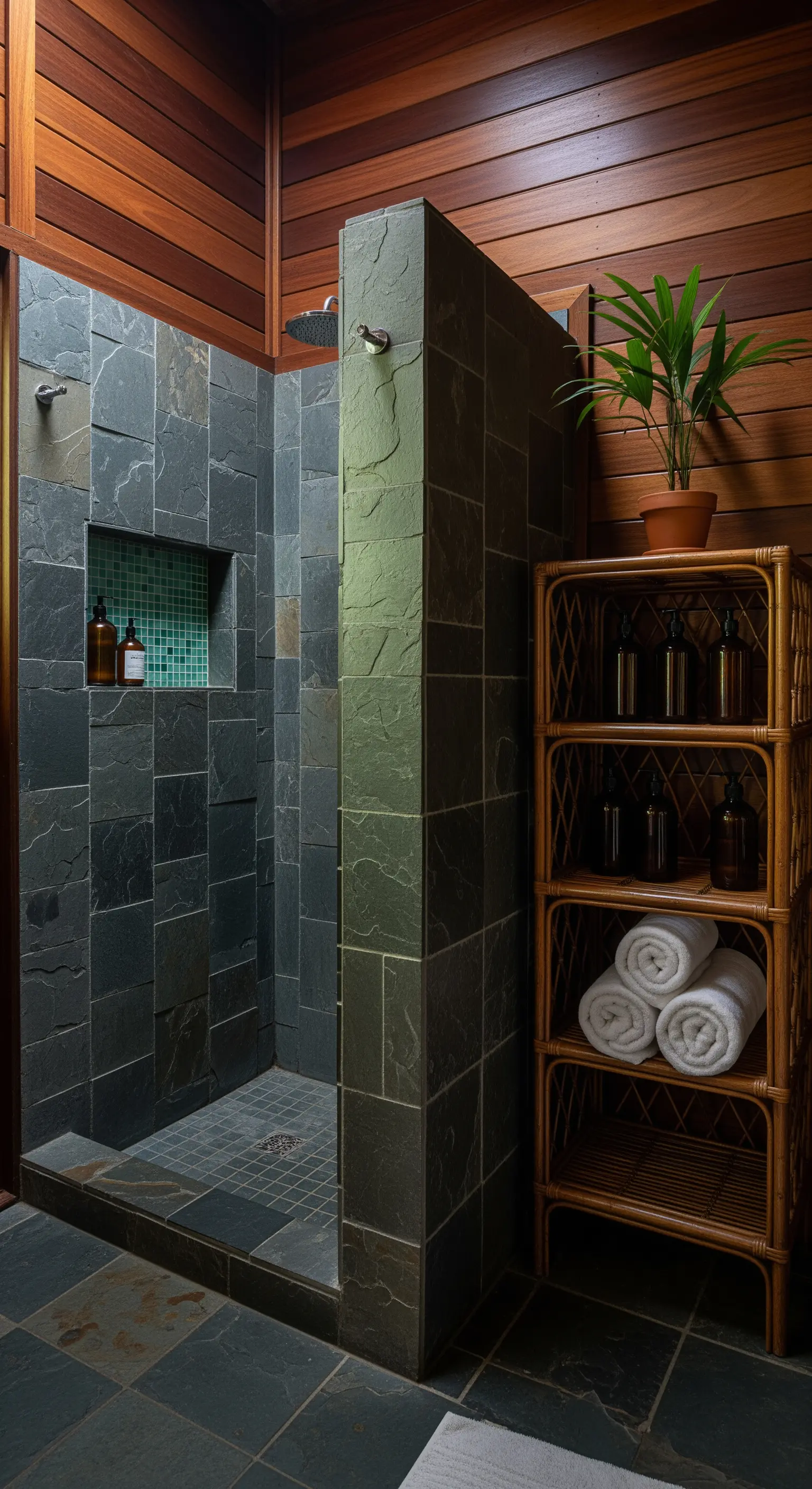 Doccia in ardesia scura con nicchia verde acqua e scaffale in rattan.