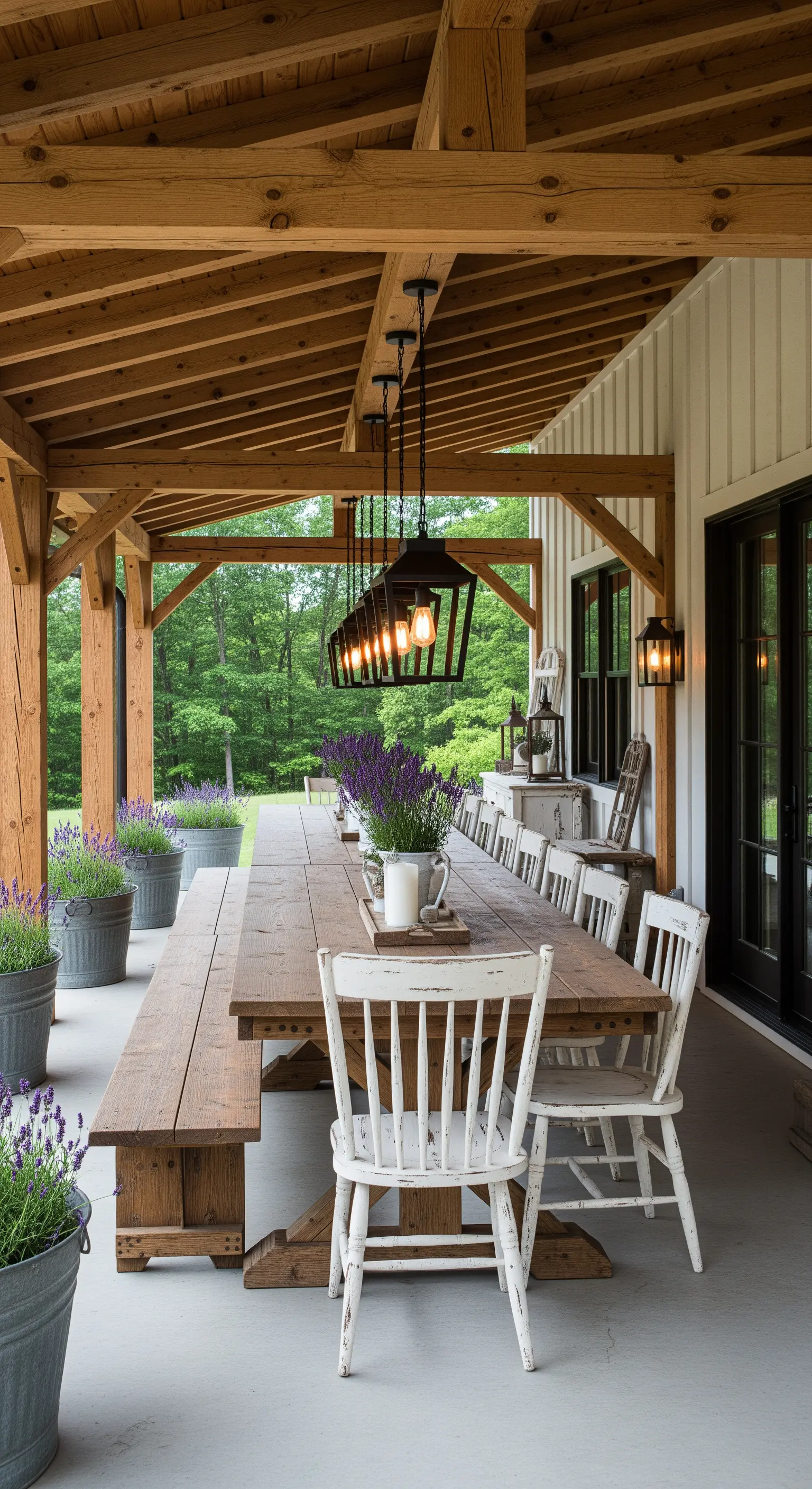Lunga tavolata rustica in legno con sedie bianche sotto un portico con travi a vista.