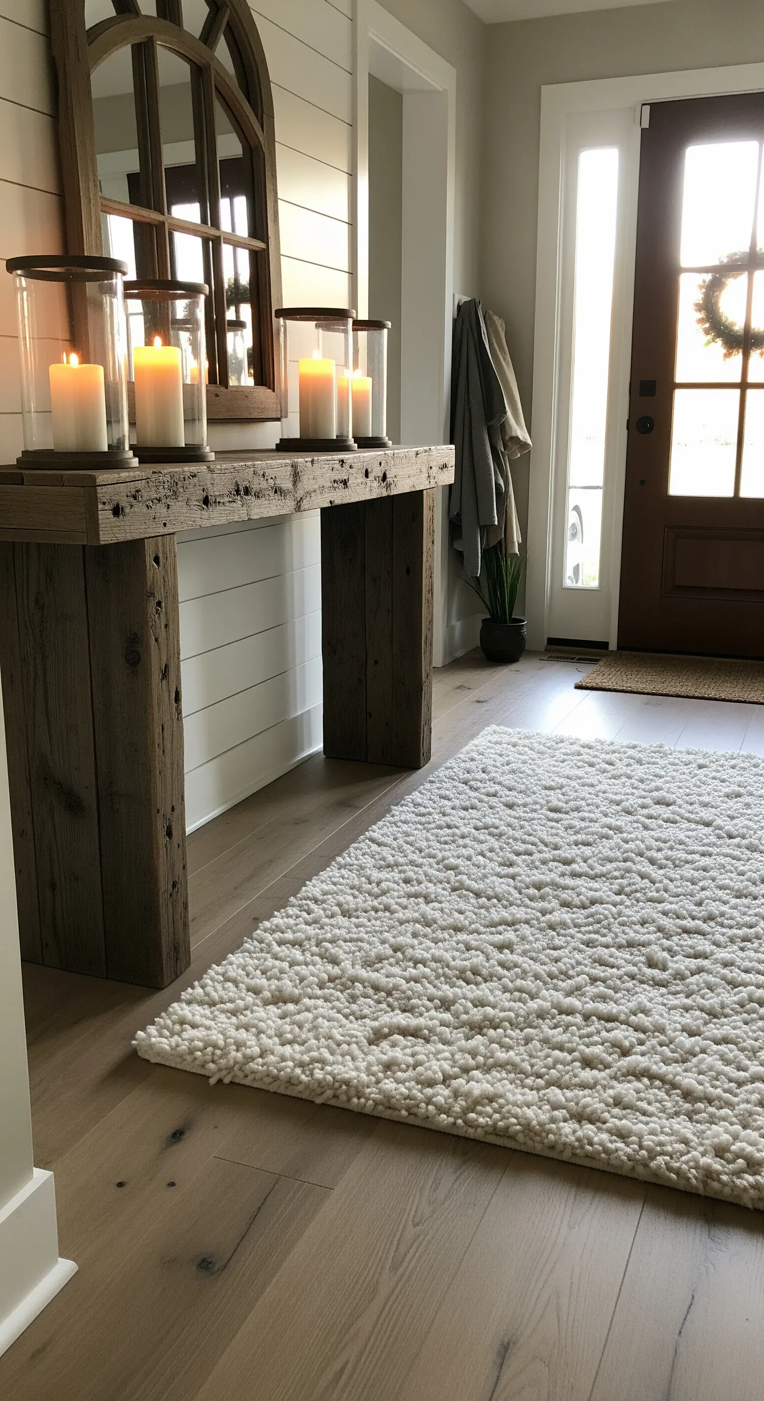 Consolle rustica in legno massiccio con candele e un soffice tappeto bianco a pelo lungo.