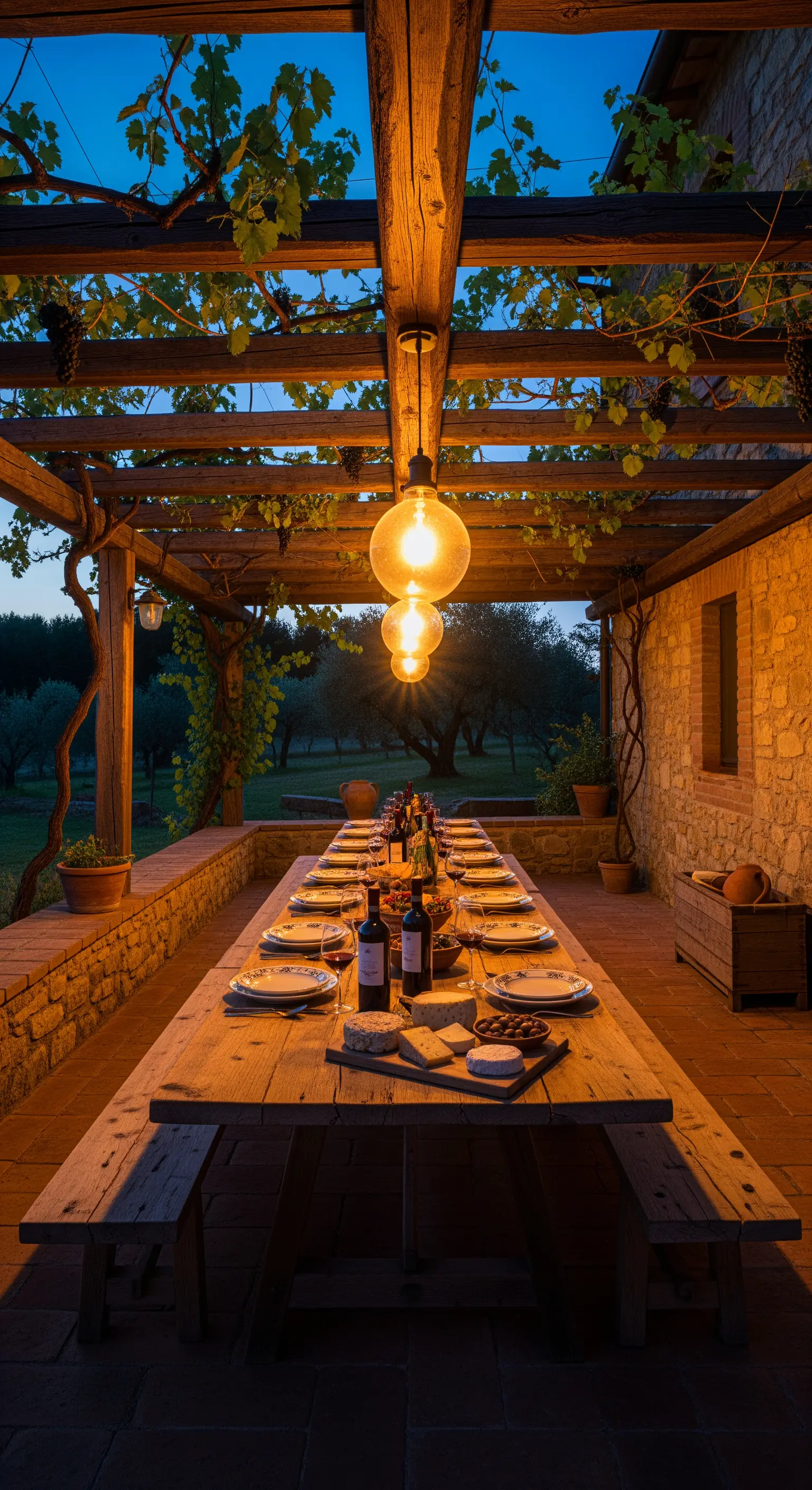 Lungo tavolo in legno rustico sotto un pergolato illuminato da lampade a bulbo calde.