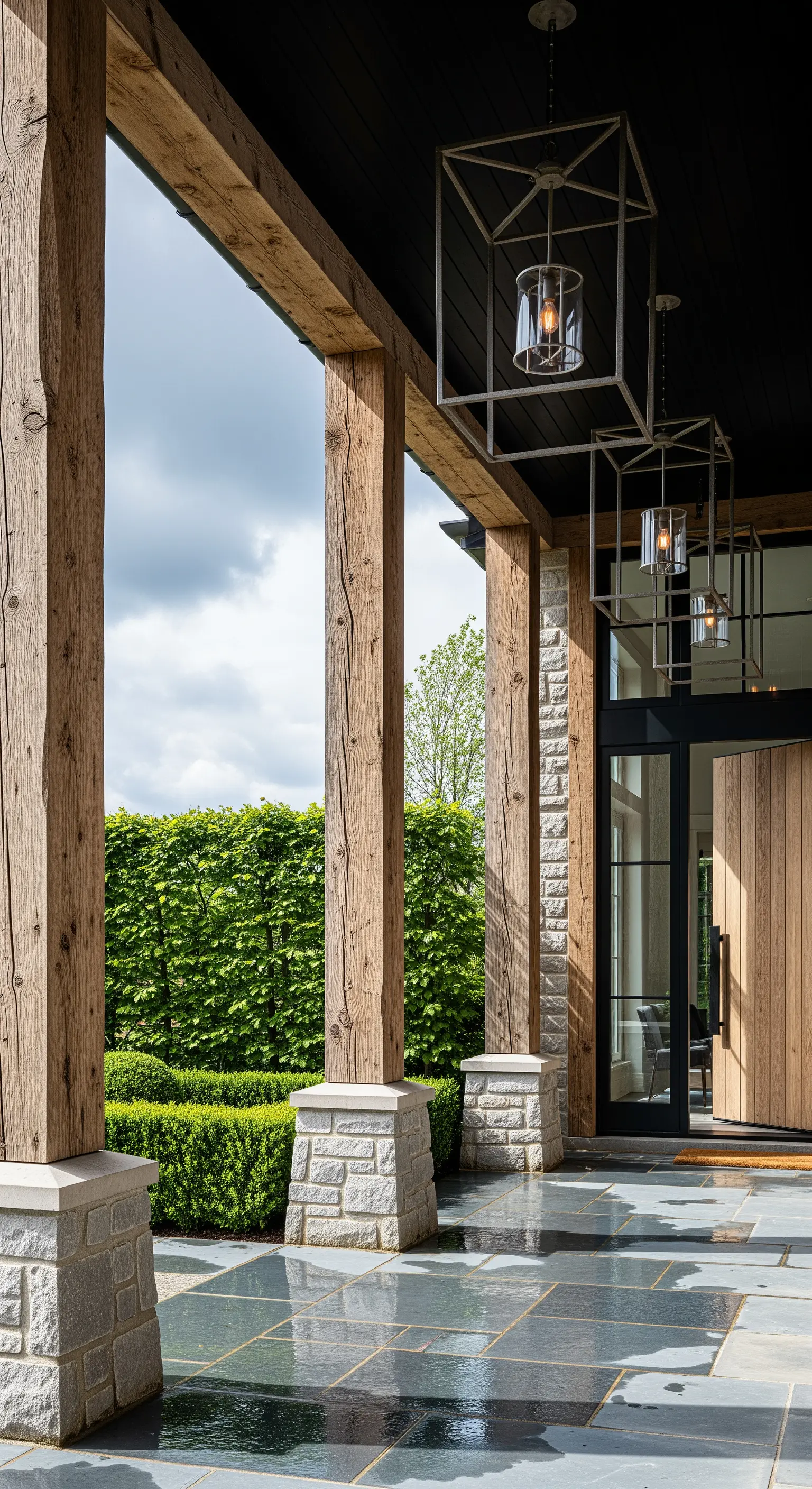 Portico moderno-rustico con colonne in travi di legno grezzo e grandi lanterne geometriche in metallo