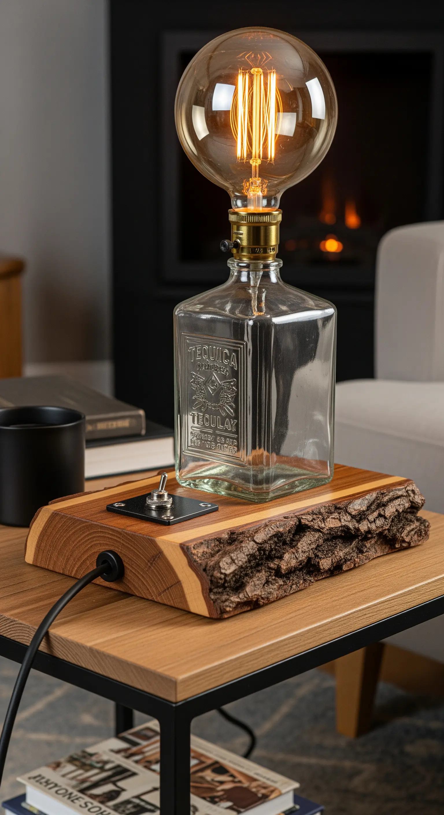 Lampada rustica con bottiglia di tequila e base in legno massello con corteccia.