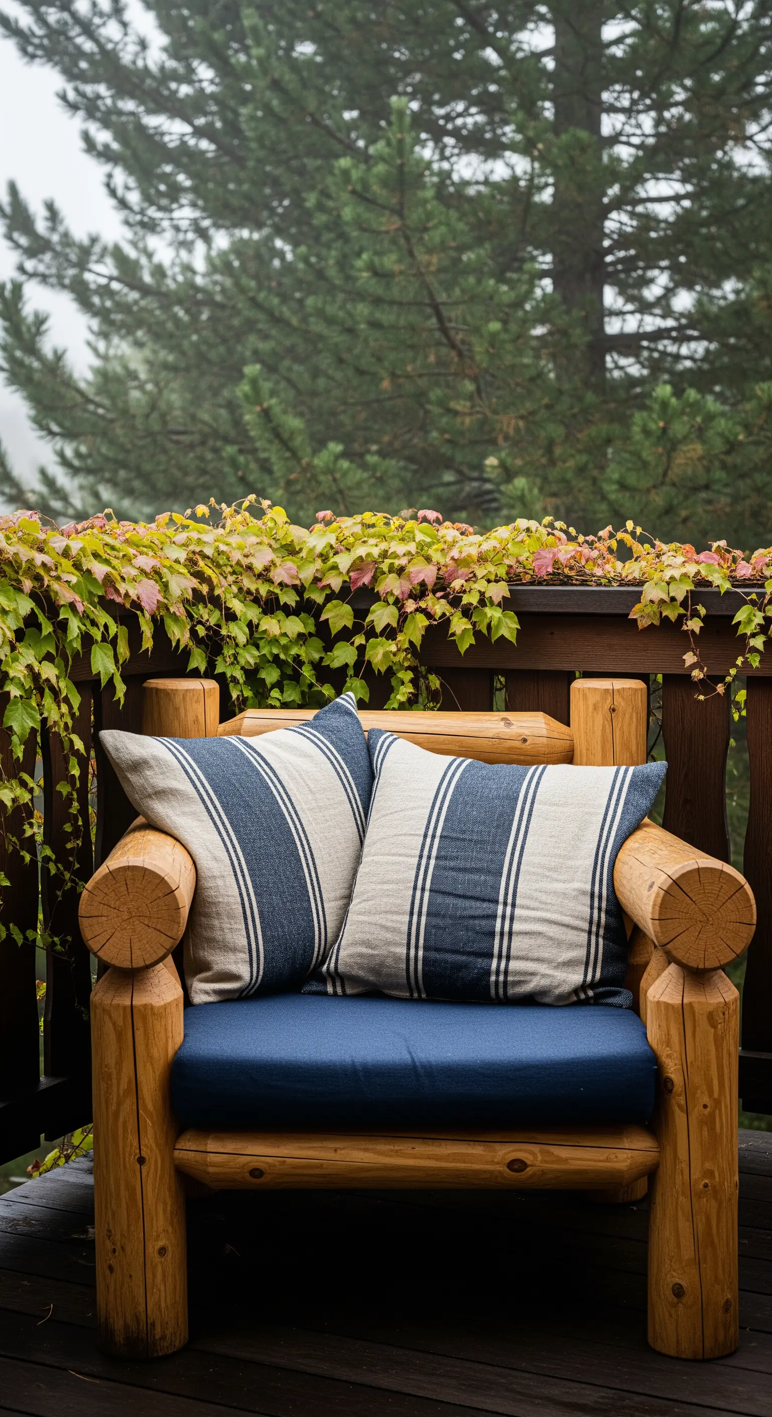 Poltrona in tronchi di legno grezzo con cuscini a righe blu su un balcone immerso nel verde.