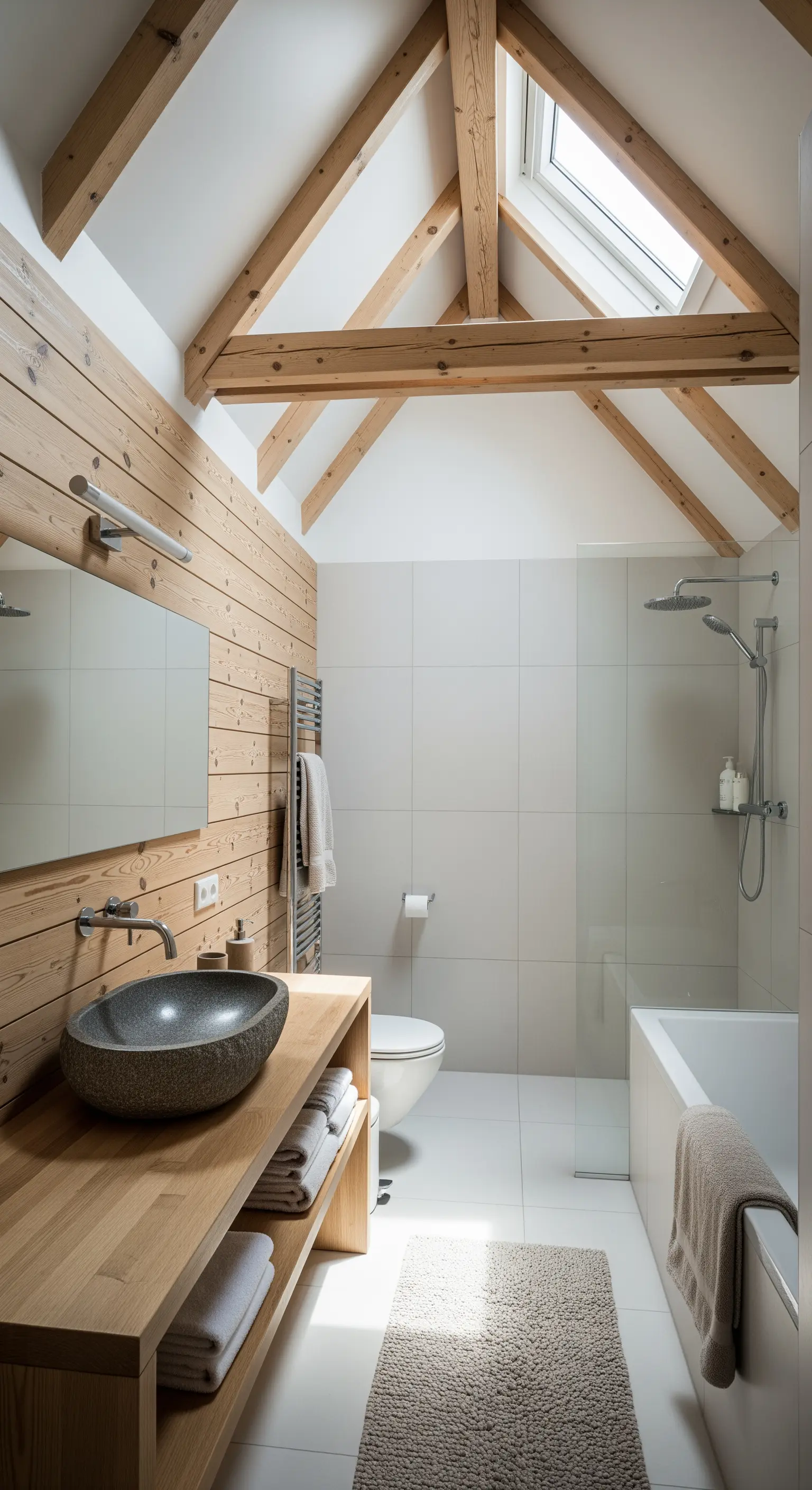 Bagno in mansarda con travi a vista, parete in legno chiaro e lavabo in pietra.