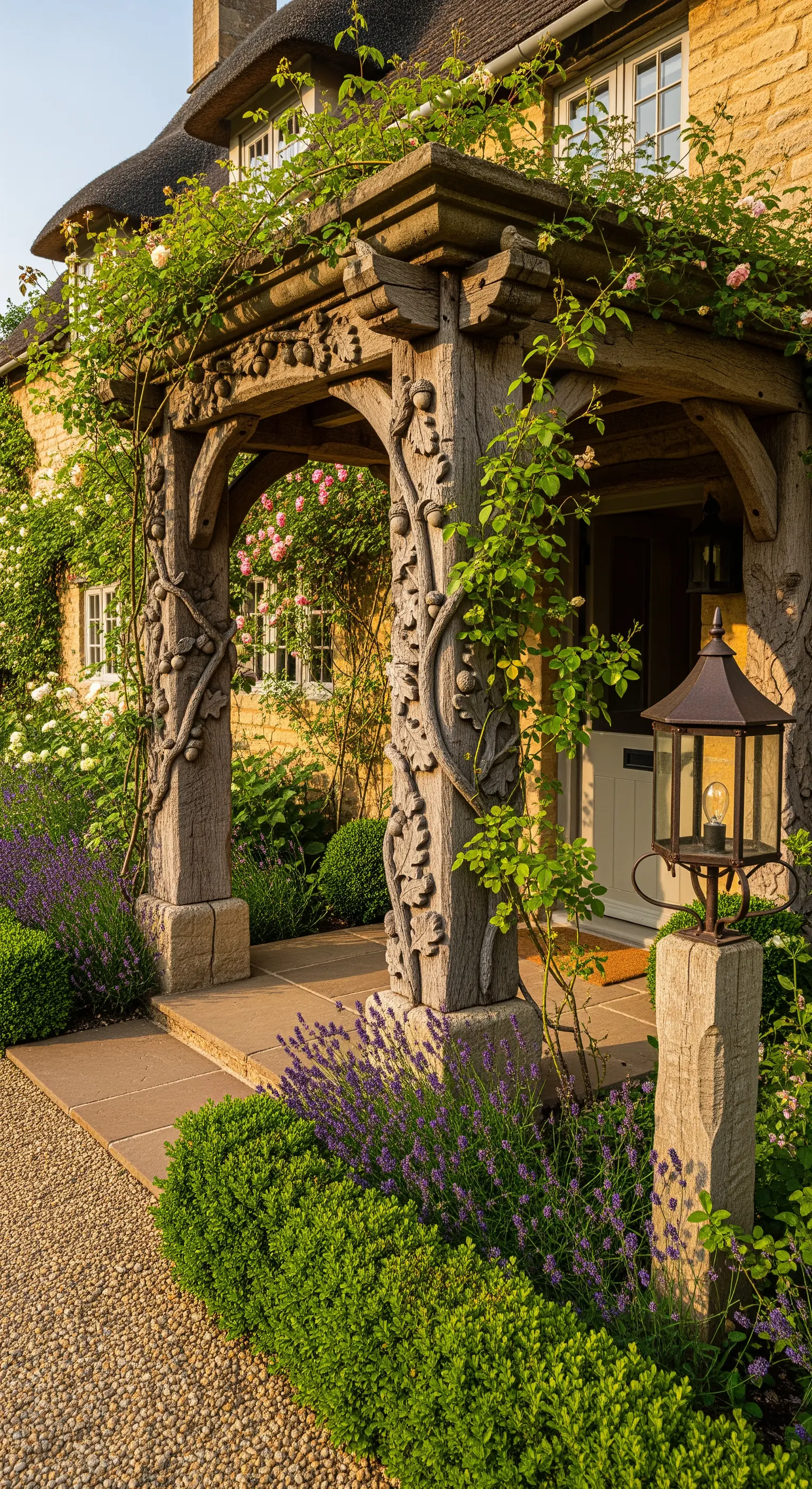 Portico d'ingresso in legno intagliato con motivi di vite, coperto di rose rampicanti.