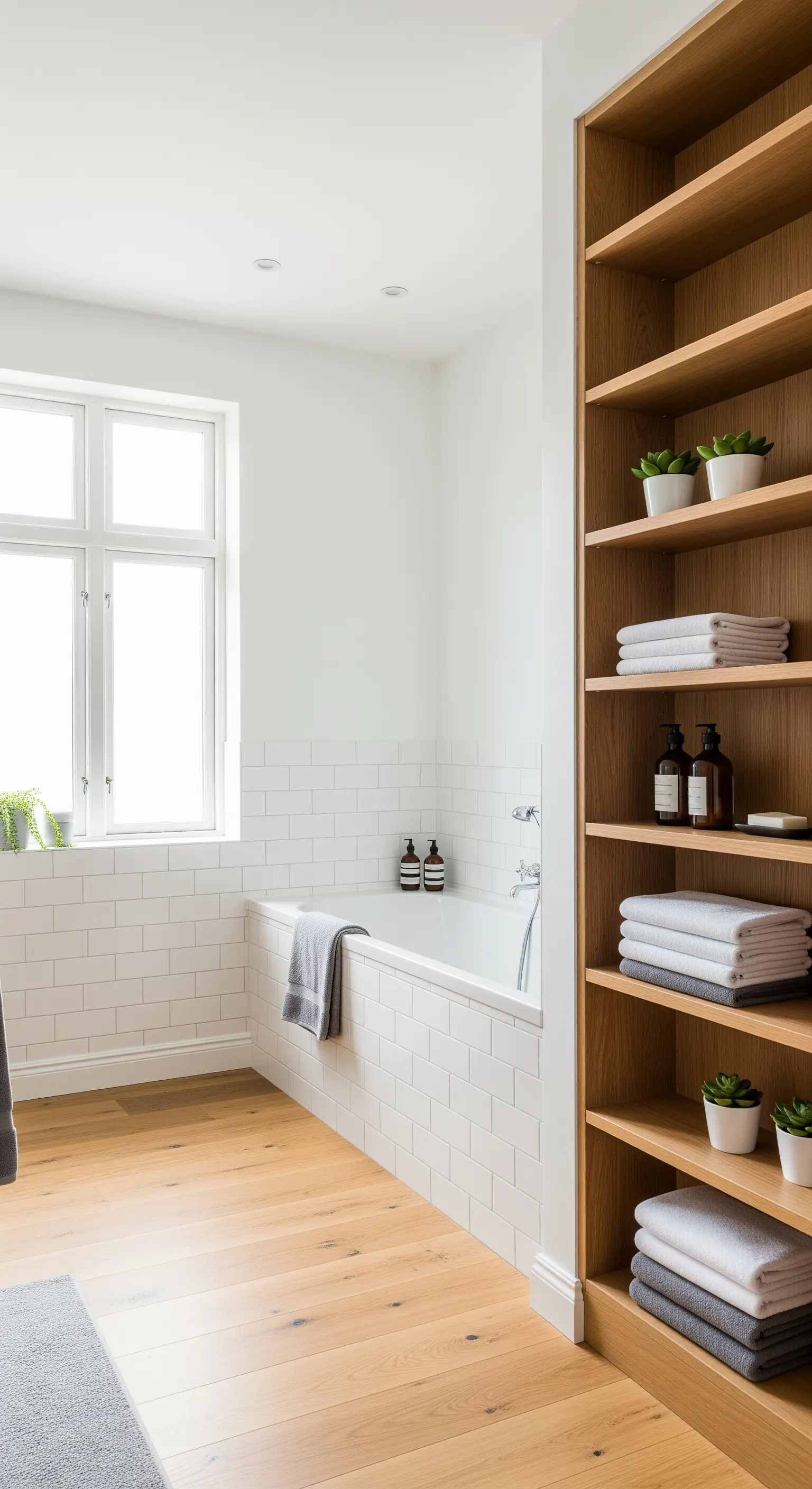 Libreria in legno chiaro a tutta altezza accanto a una vasca da bagno con piastrelle bianche.