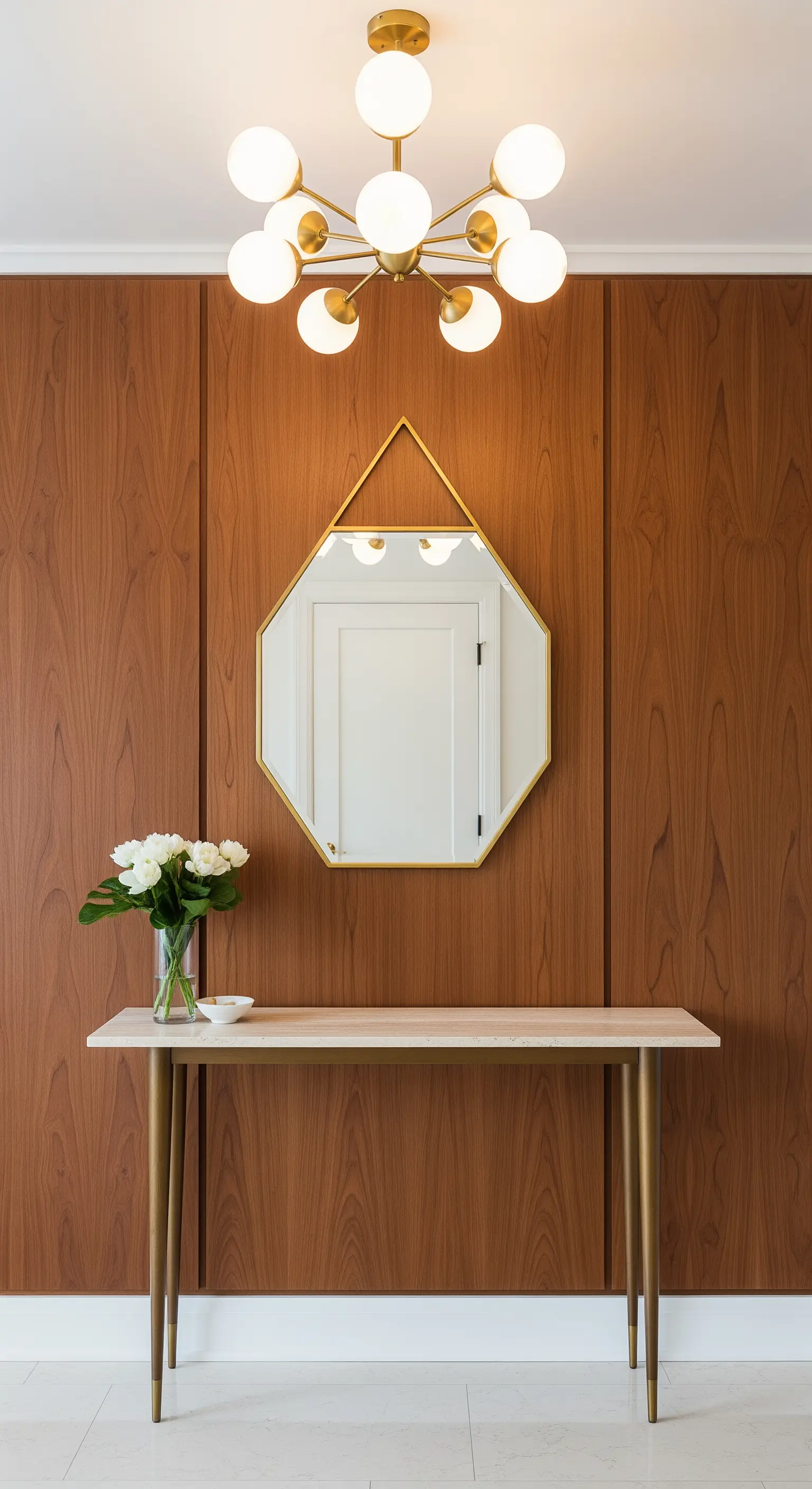 Ingresso con parete in legno, specchio ottagonale dorato e lampadario a globo.