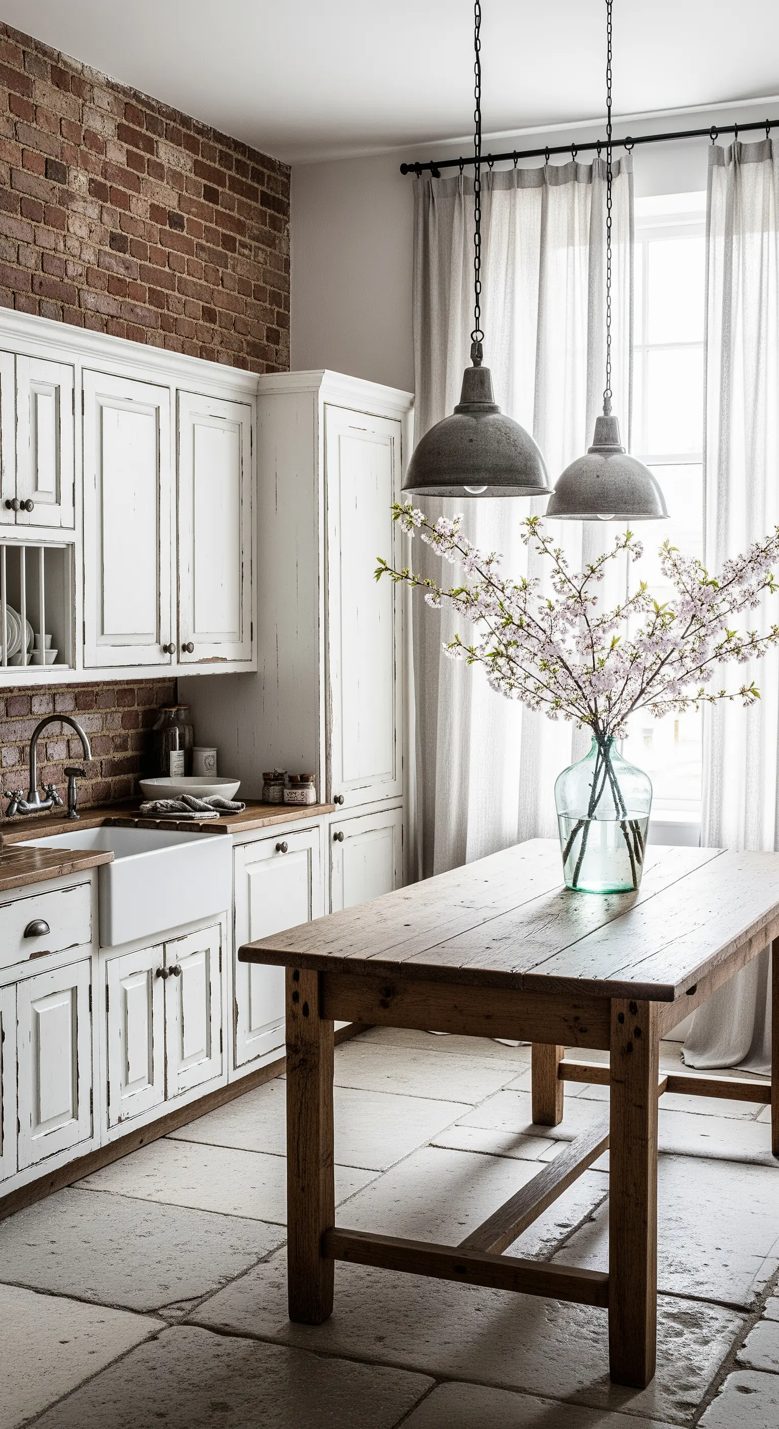 Cucina shabby con mobili bianchi decapati e una parete di mattoni a vista.