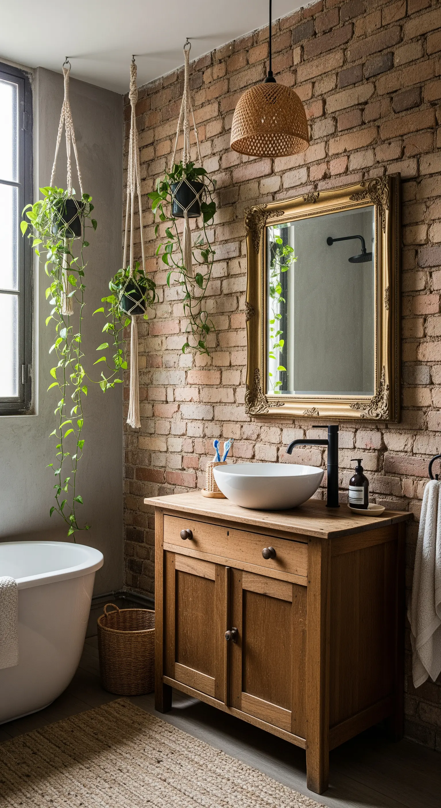 Bagno industrial-boho con piante sospese, specchio dorato e mobile in legno vintage.