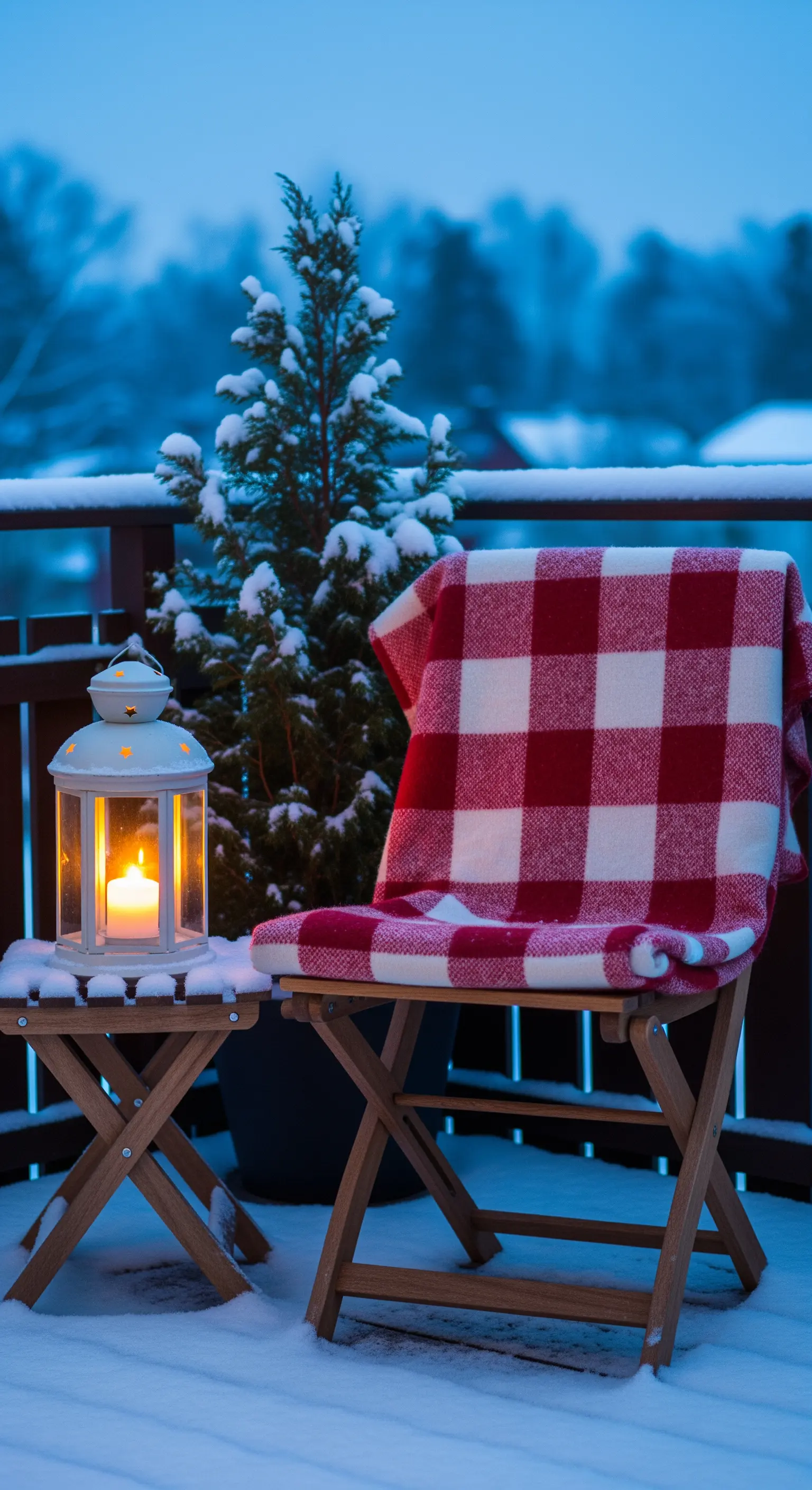 Balcone innevato con sedia pieghevole, plaid a quadri rossi e una lanterna accesa.