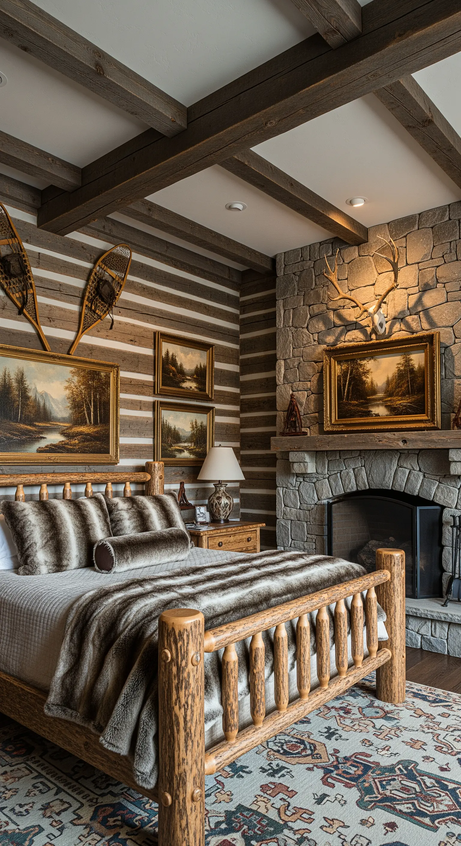 Camera da letto in stile baita con pareti in tronchi, camino e letto con coperta in pelliccia.