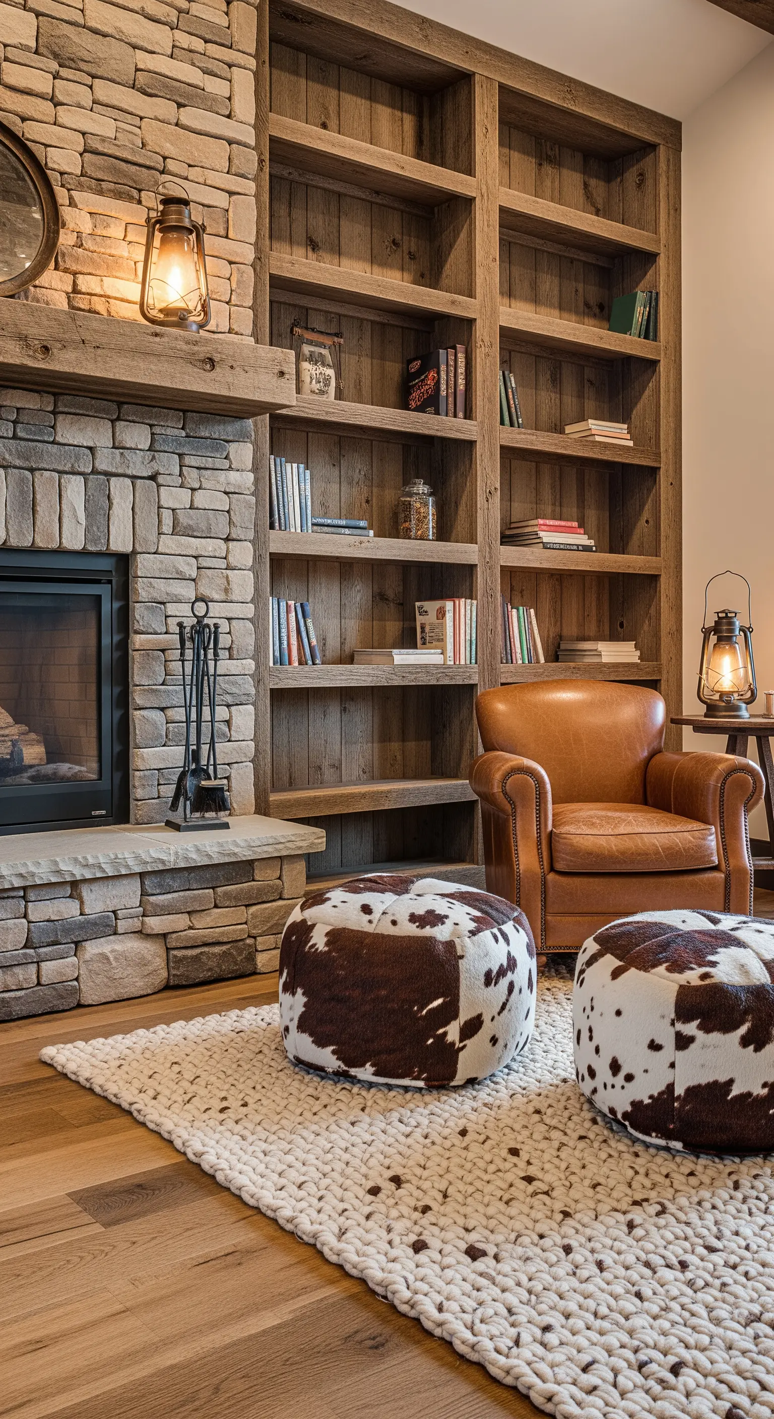 Angolo rustico con camino in pietra, poltrona in pelle e pouf con stampa muccata.
