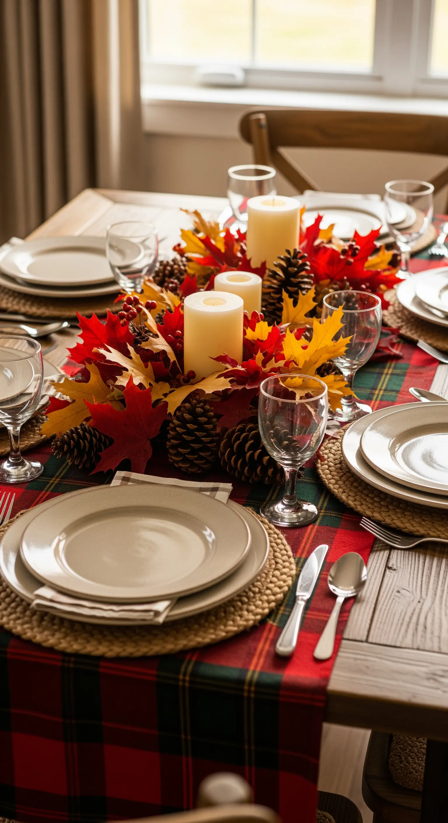 Tavola autunnale con runner in tartan rosso, piatti beige e centrotavola di foglie e pigne.