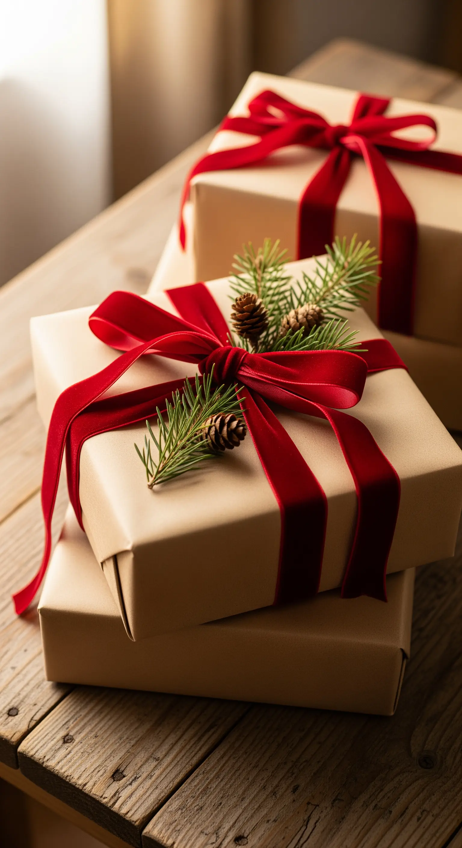 Pacchetti regalo in carta kraft con nastro di velluto rosso e rametti di pino.