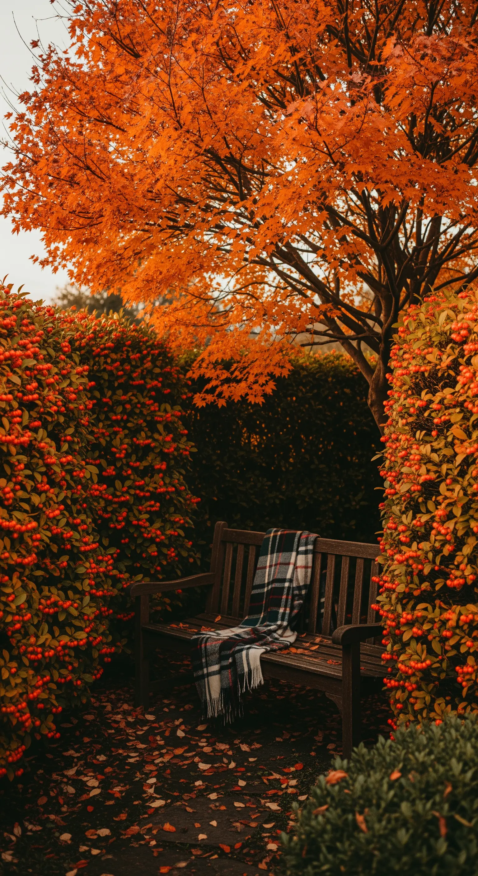 Panchina in legno scuro con plaid, circondata da arbusti autunnali con bacche e foglie arancioni.