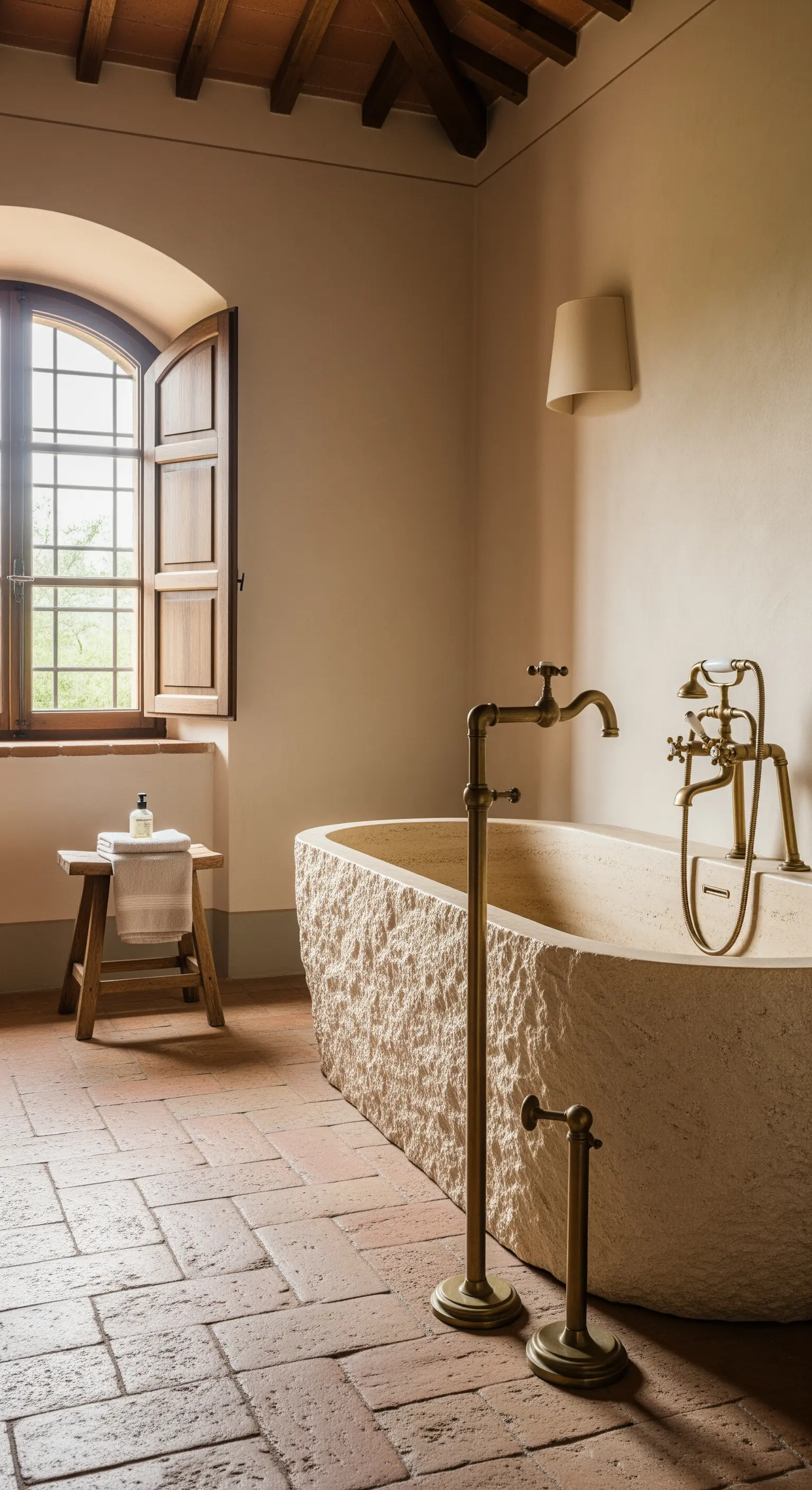 Vasca in pietra grezza e rubinetto in ottone in un bagno rustico con pavimento in cotto.