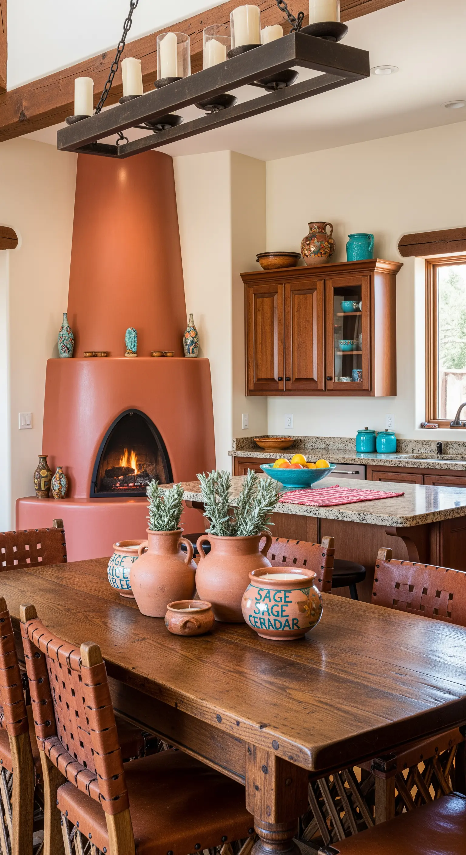 Cucina in stile sudoccidentale con camino kiva color terracotta e mobili in legno robusto.