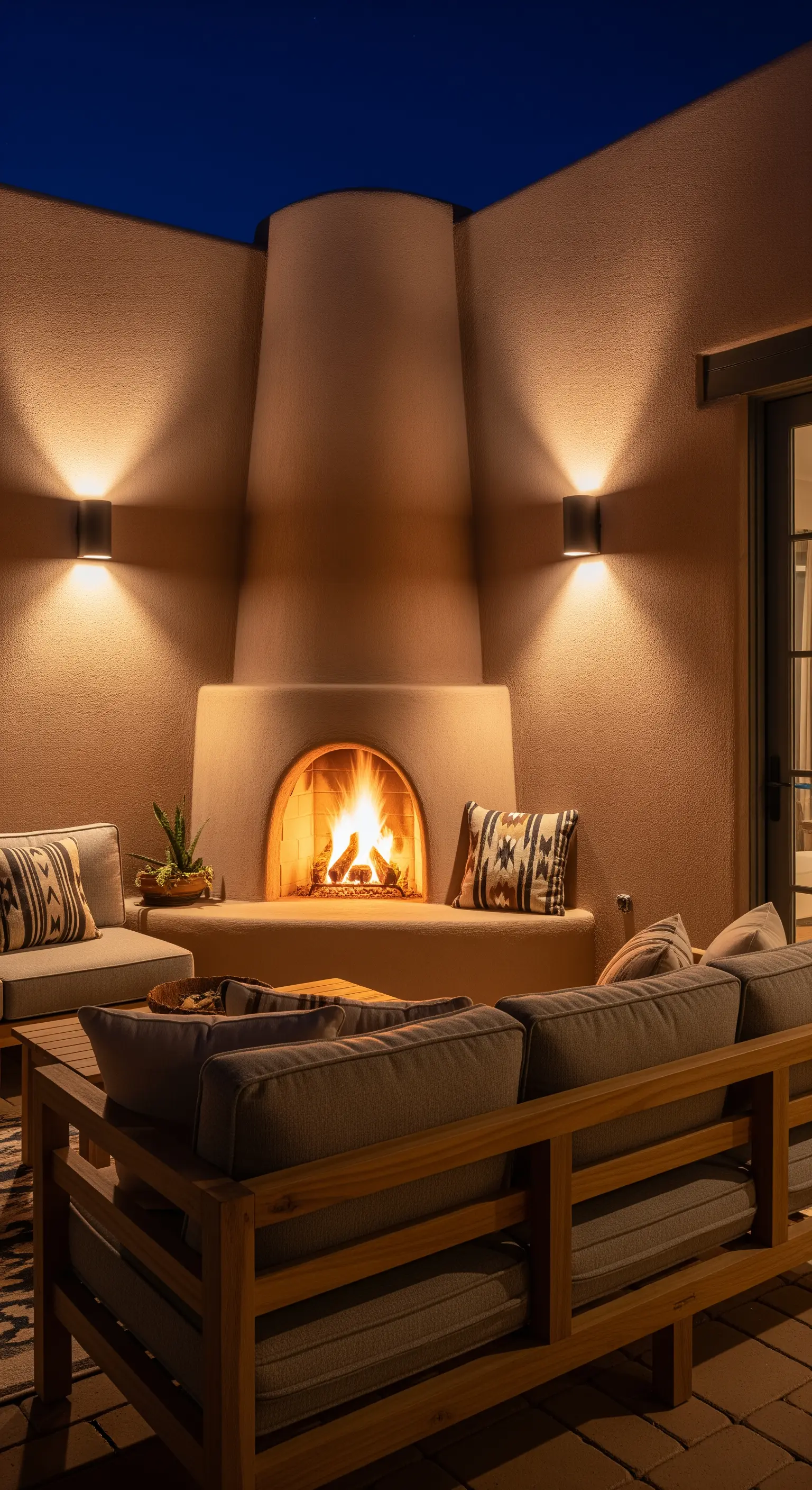 Patio in stile Santa Fe con camino kiva in terracotta e arredi in legno con cuscini etnici.