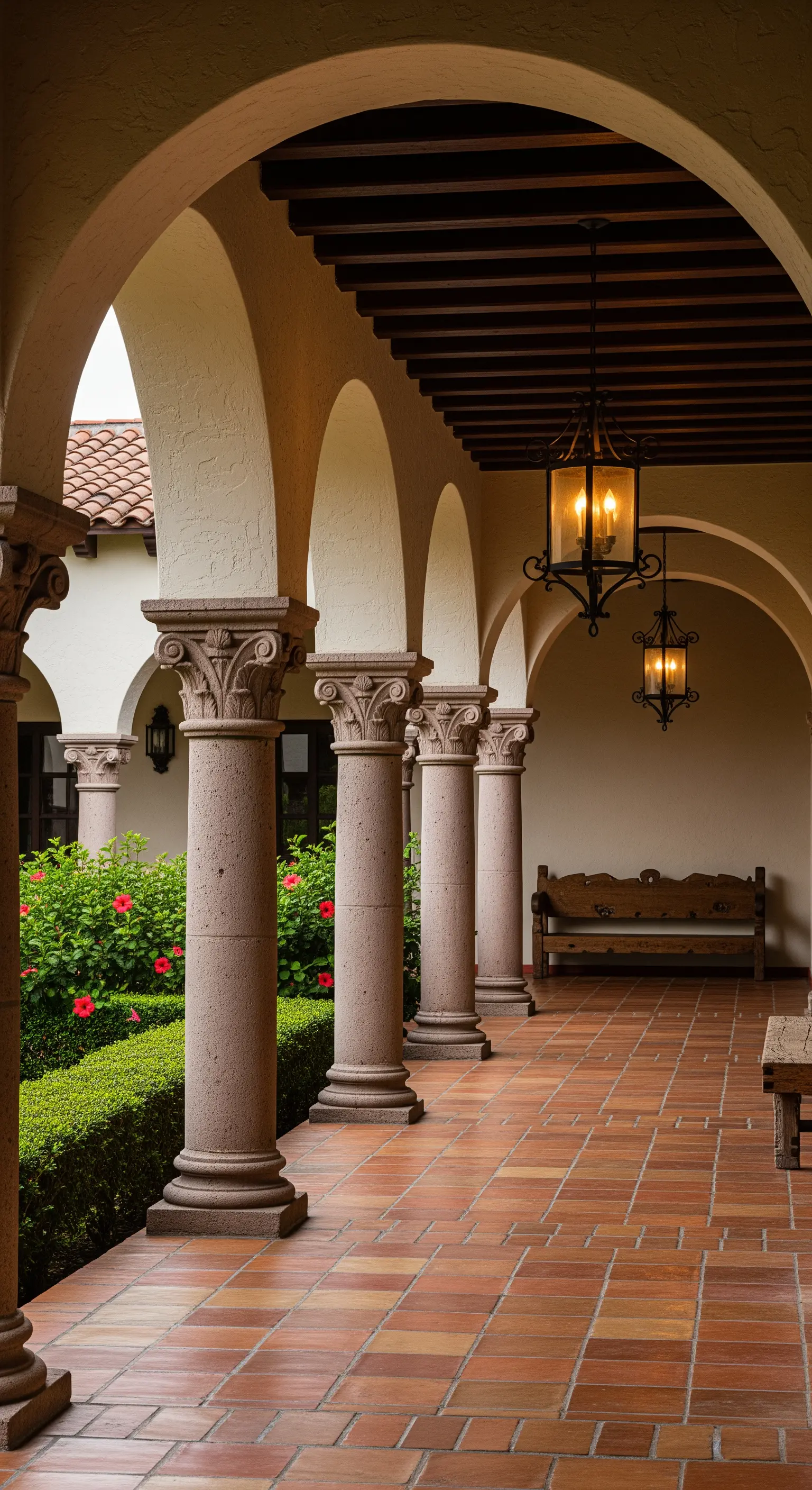 Portico con colonne in pietra, pavimento in terracotta e panchina in legno intagliato.