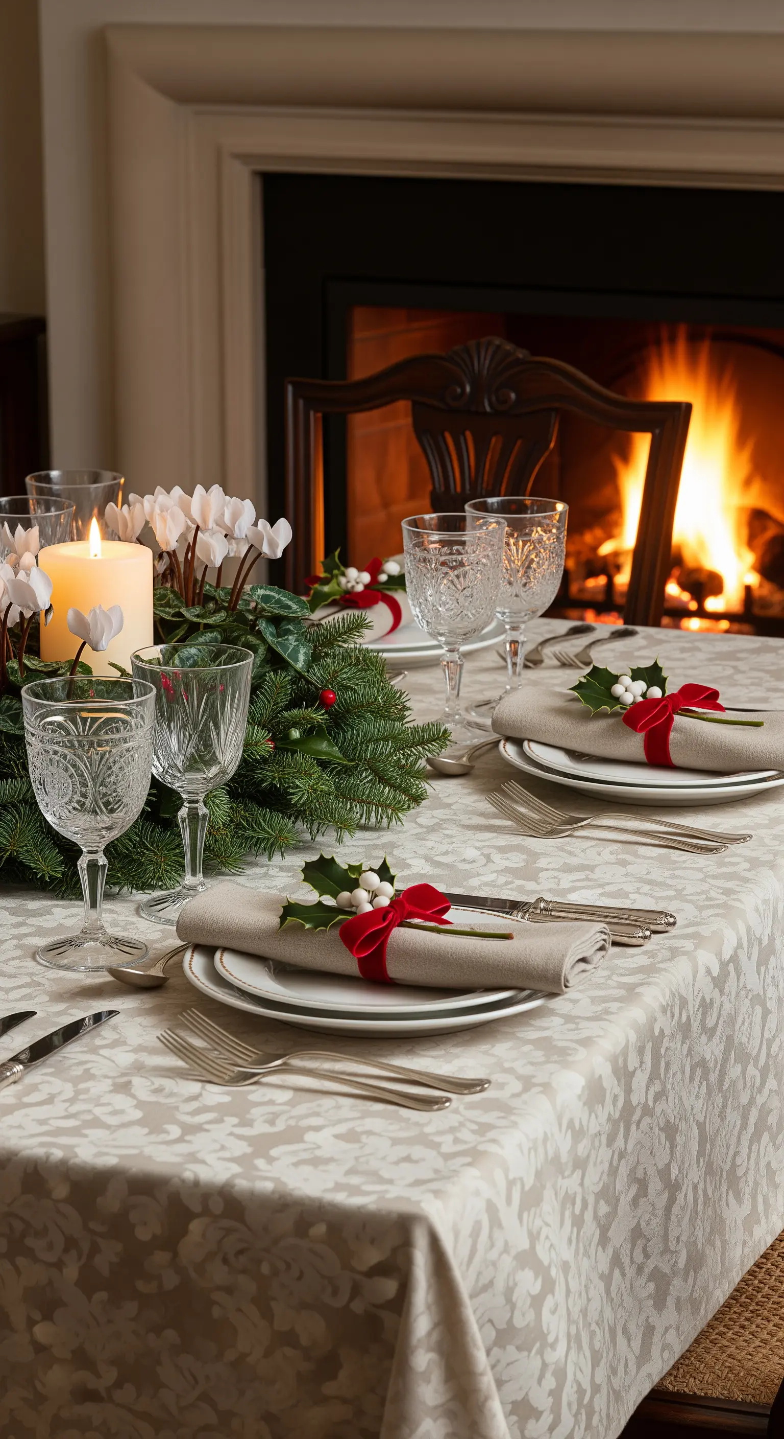 Tavola natalizia tradizionale accanto al camino con tovaglioli decorati con agrifoglio e nastro rosso.