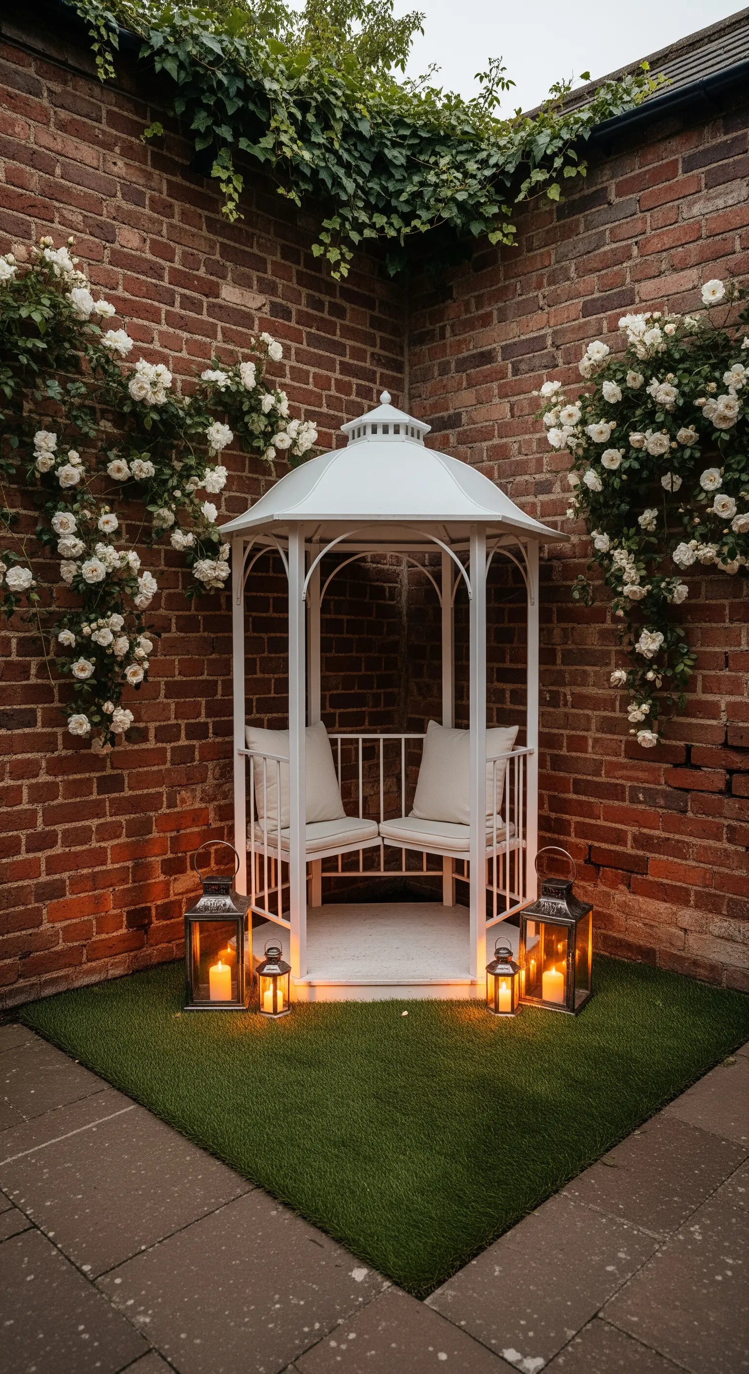 Piccolo gazebo bianco in un angolo con pareti di mattoni, illuminato da candele in lanterne.
