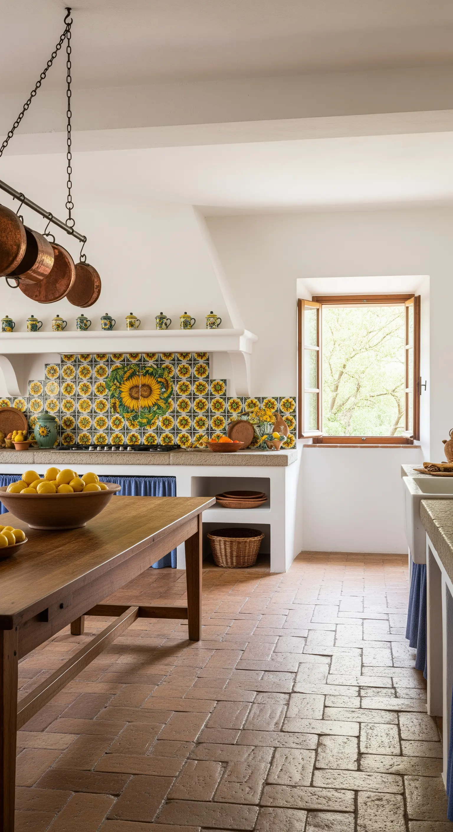 Cucina rustica con paraschizzi in maiolica a girasole, tavolo in legno e pavimento in cotto.