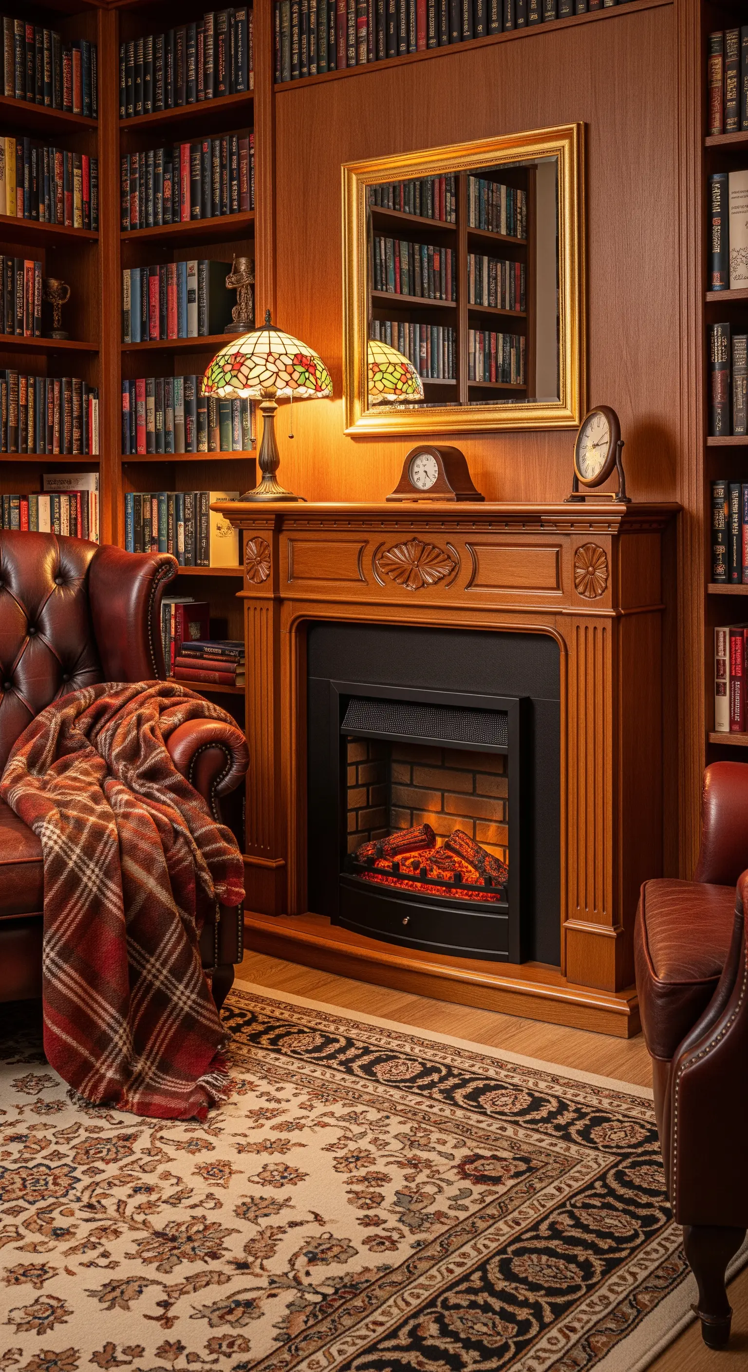 Biblioteca tradizionale con boiserie in legno, poltrone Chesterfield e camino classico.