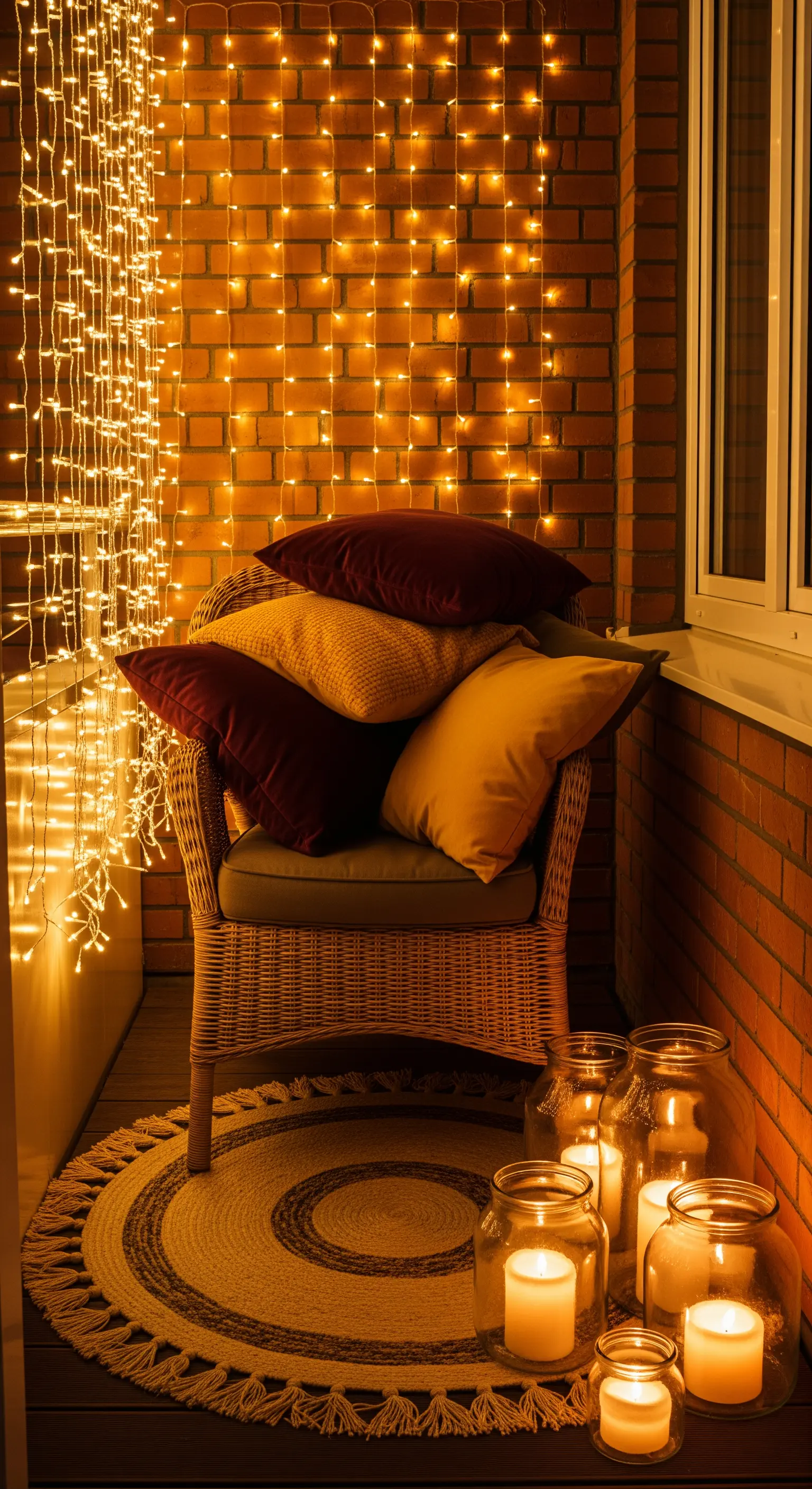 Balcone stretto con poltrona in vimini, illuminato da una parete di luci a cascata.