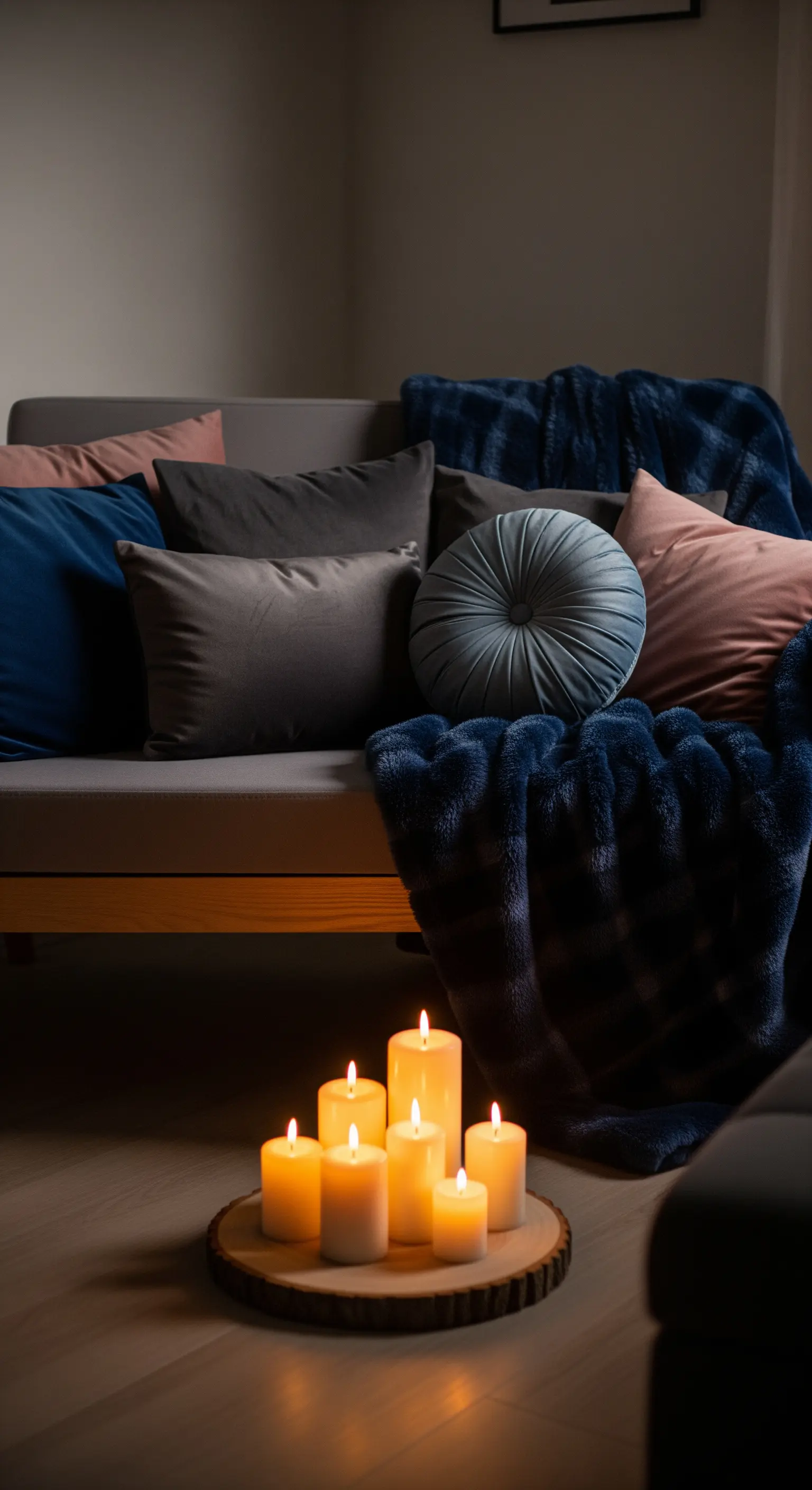 Gruppo di candele accese su un vassoio di legno, vicino a un divano con cuscini e plaid.