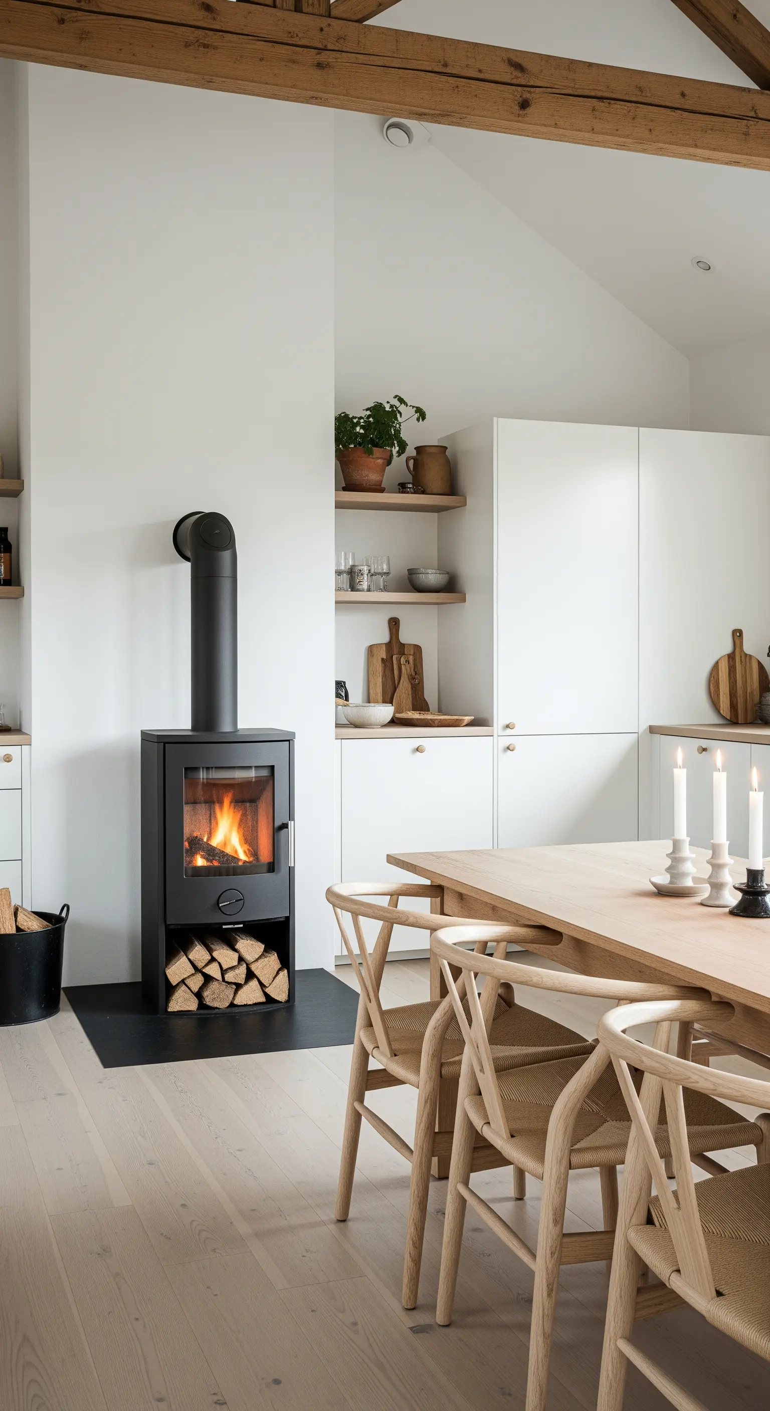 Cucina scandinava minimalista con stufa a legna nera, mobili bianchi e tavolo in legno chiaro.