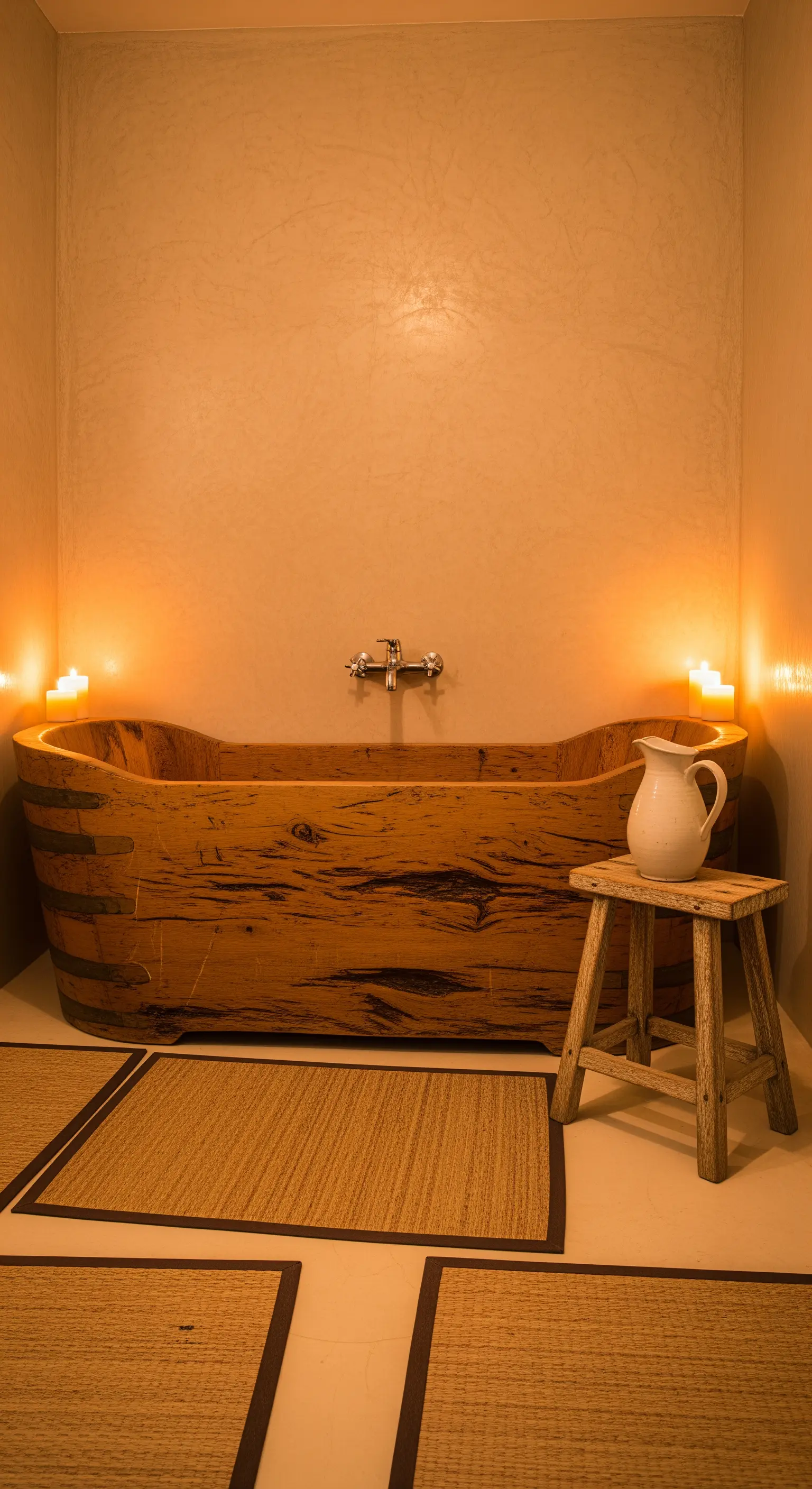 Vasca in legno grezzo illuminata da candele in un bagno intimo con tatami.