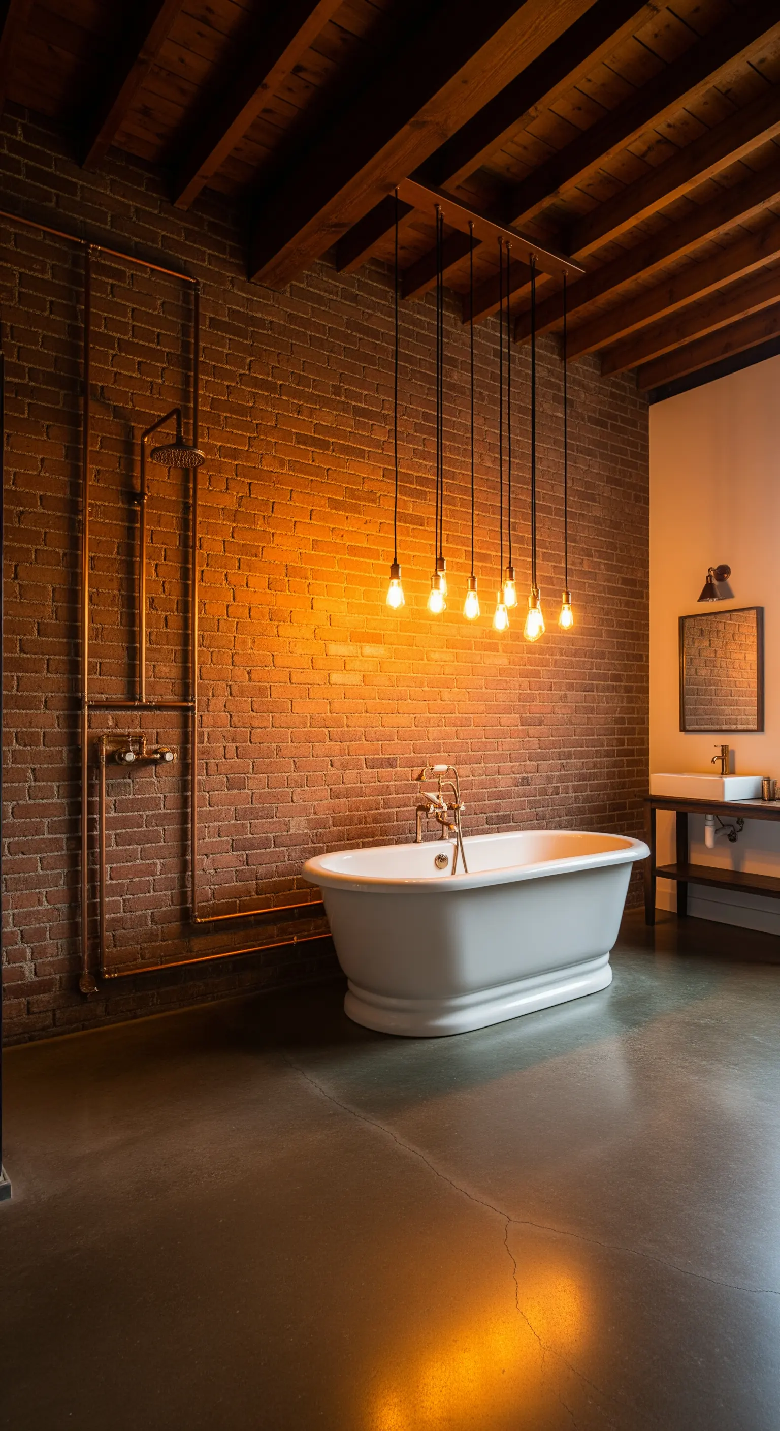 Bagno industrial con parete in mattoni, tubature in rame a vista e lampade a sospensione.