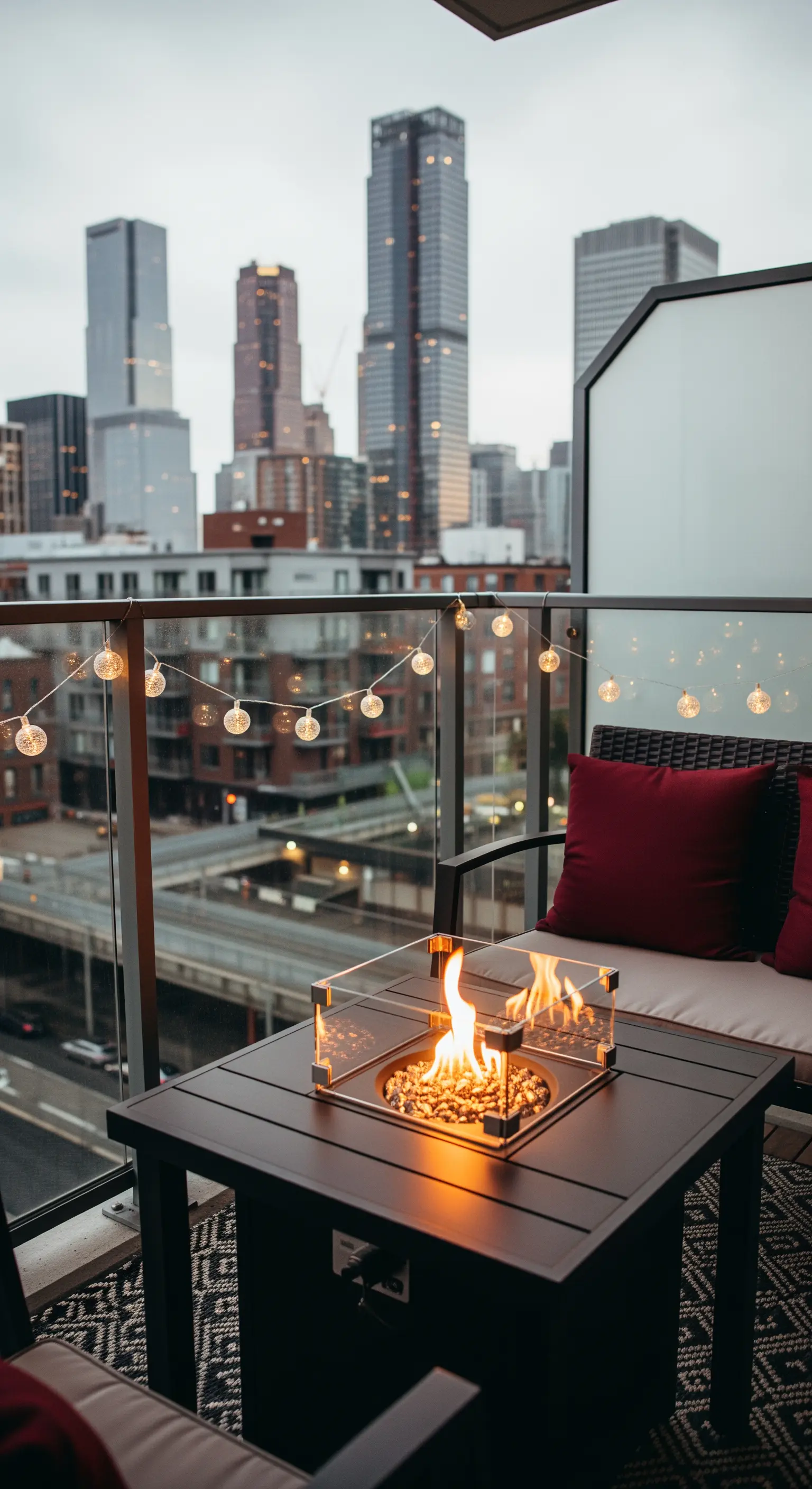 Balcone con vista sulla città, con un piccolo braciere da tavolo e una ghirlanda di luci.