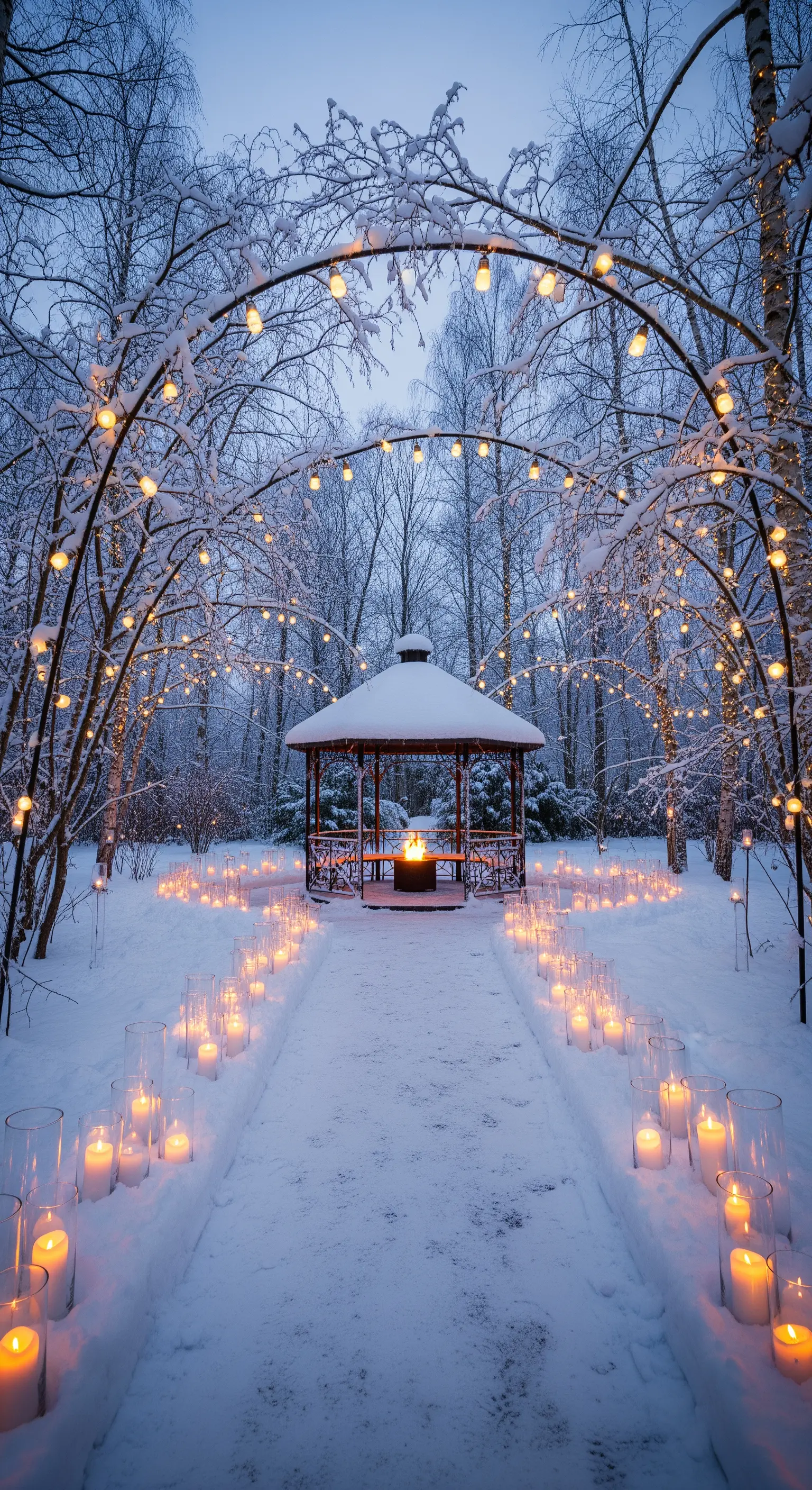 Sentiero innevato fiancheggiato da candele che conduce a un gazebo con un braciere acceso.
