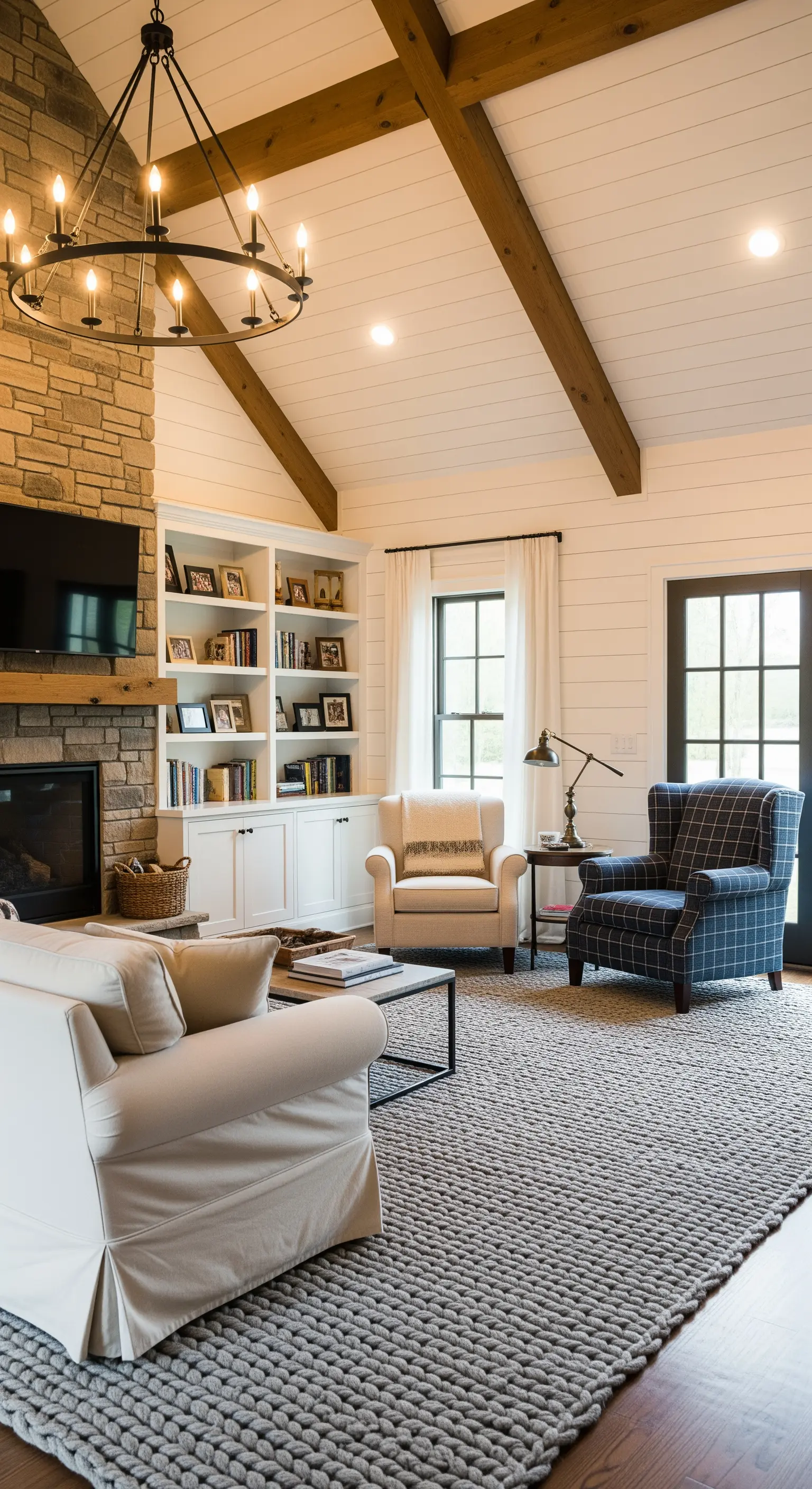 Soggiorno rustico con travi a vista, camino in pietra e un grande tappeto a trama grossa.
