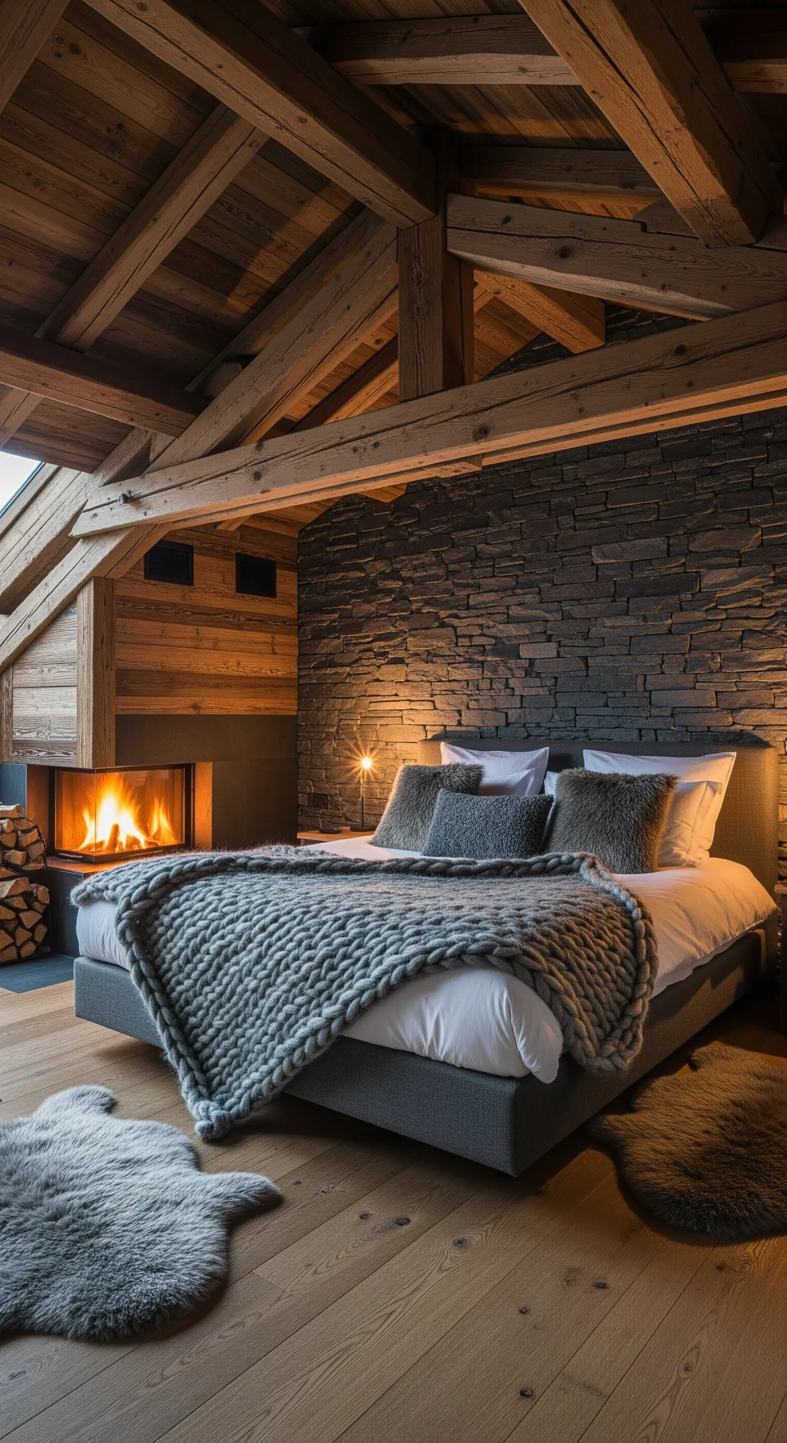Camera da letto in stile chalet con camino, parete in pietra scura e coperta a maglia grossa.