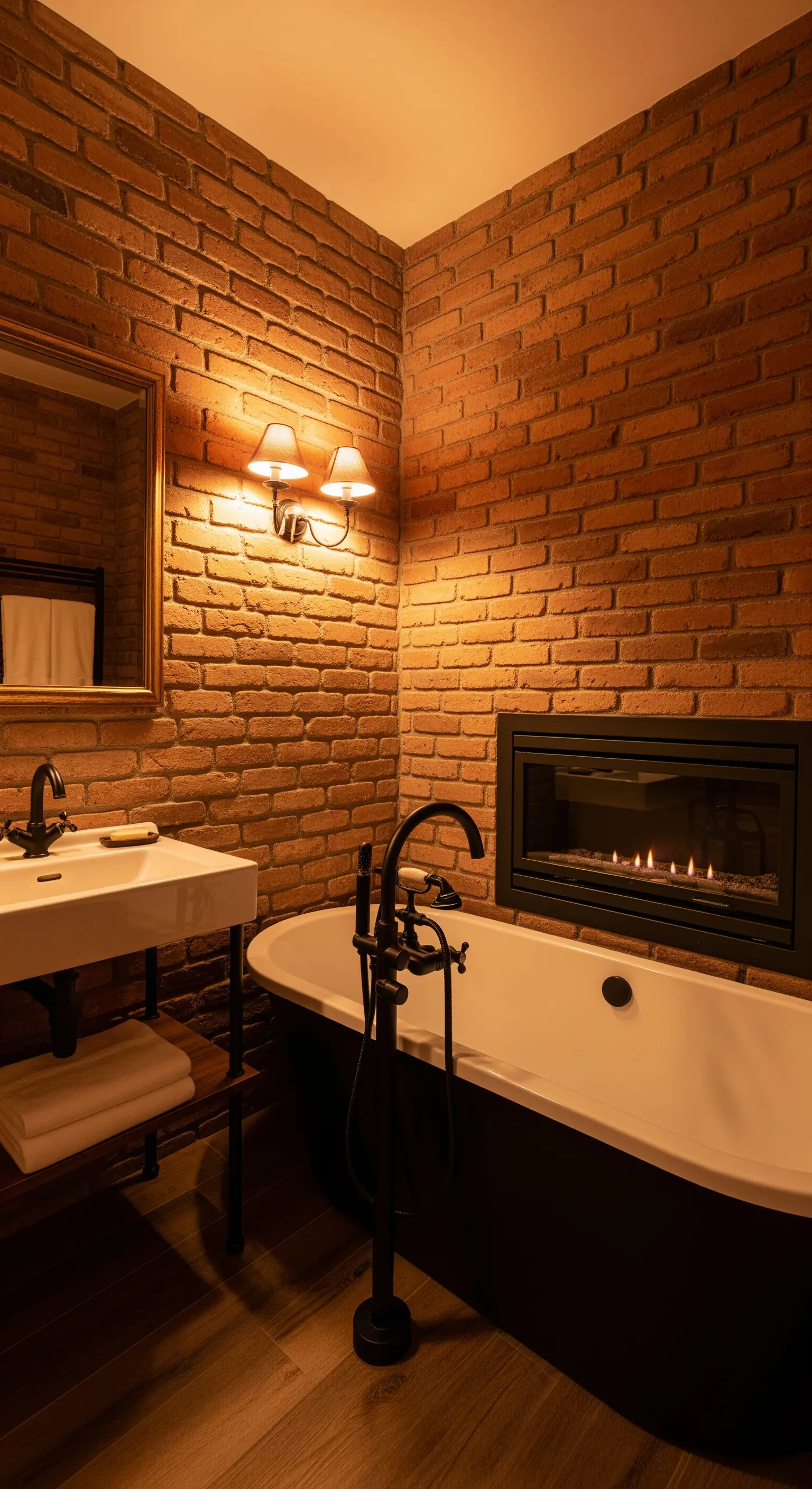 Bagno accogliente con pareti in mattoni, vasca rétro e un piccolo camino incassato.