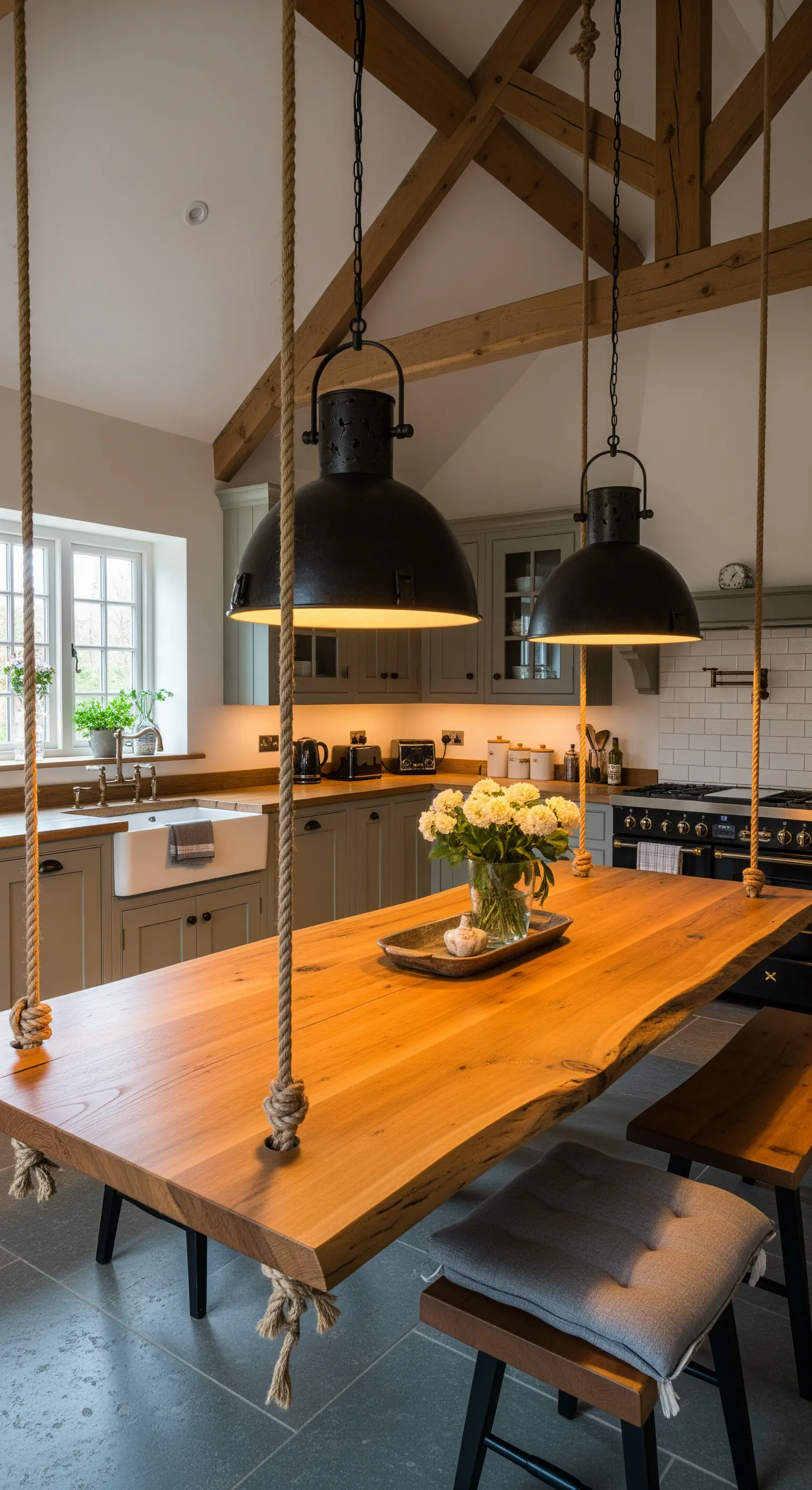 Tavolo da pranzo in legno massiccio sospeso con corde spesse in una cucina rustica.