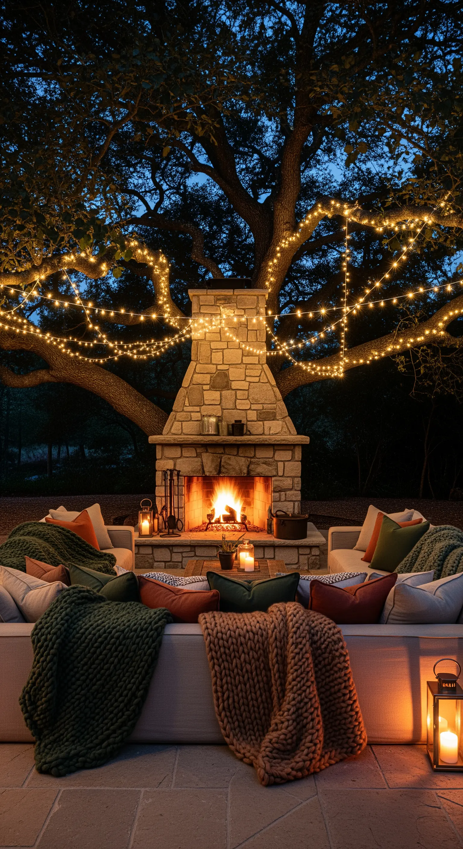Grande camino in pietra in un giardino, circondato da divani bianchi e illuminato da lucine.