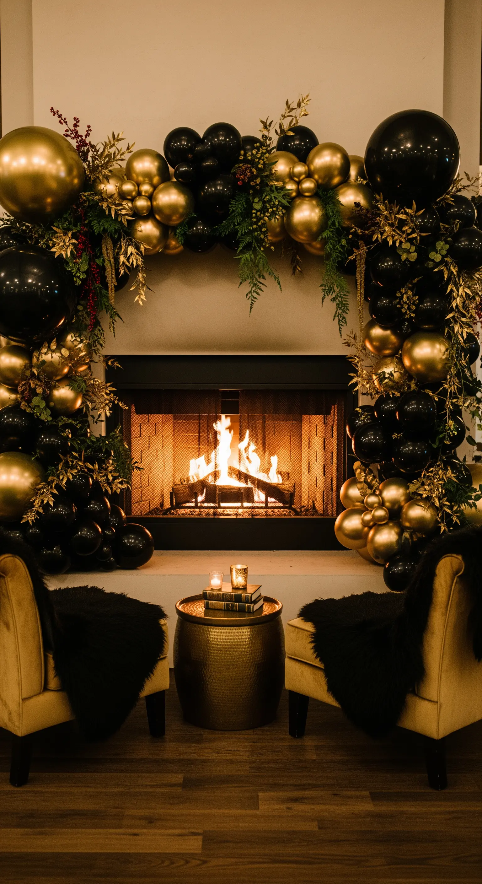 Camino acceso incorniciato da una ghirlanda di palloncini neri e oro e poltrone in velluto.