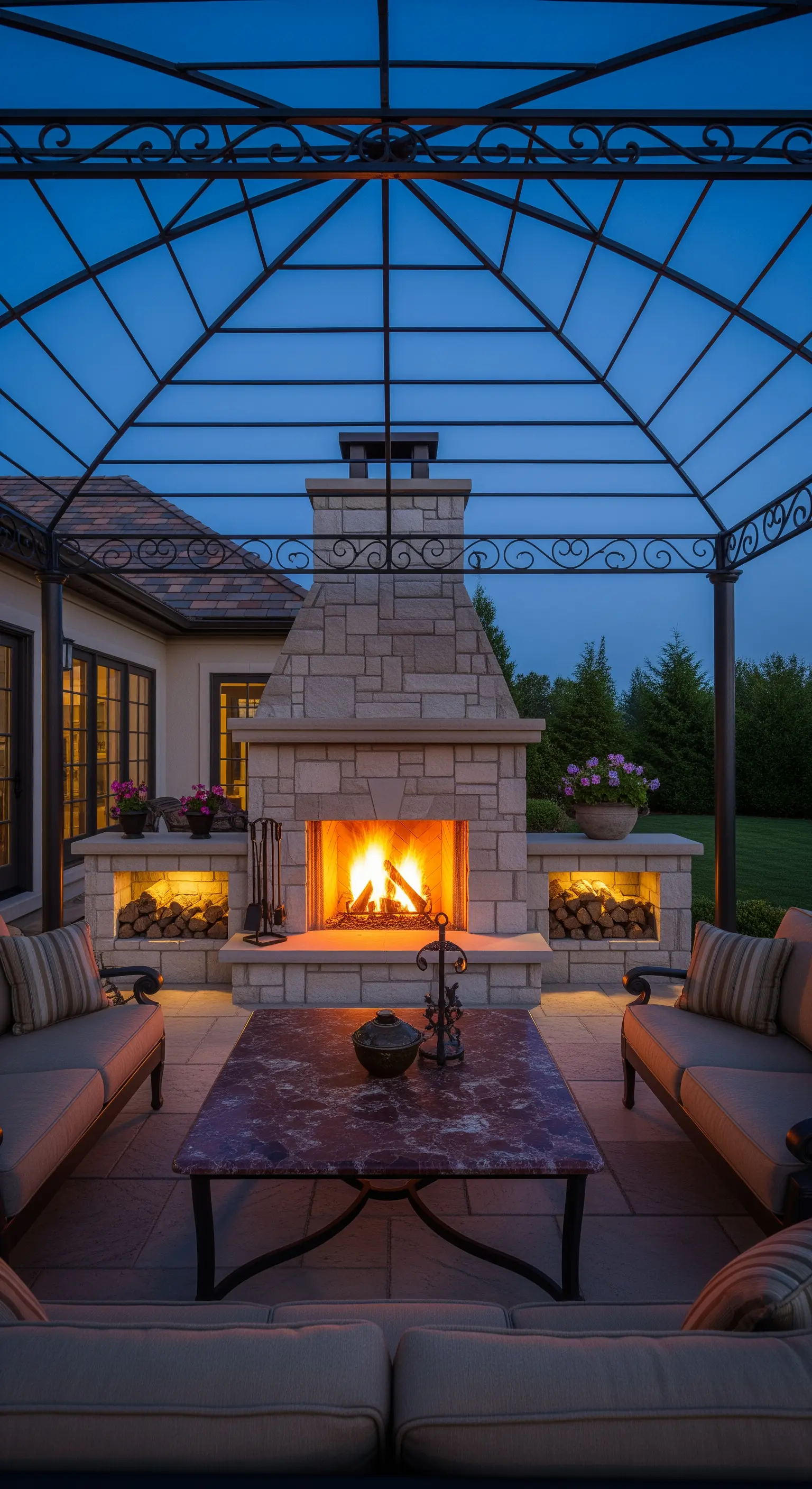 Grande camino in pietra sotto una pergola in ferro, con divani e un tavolino in marmo.