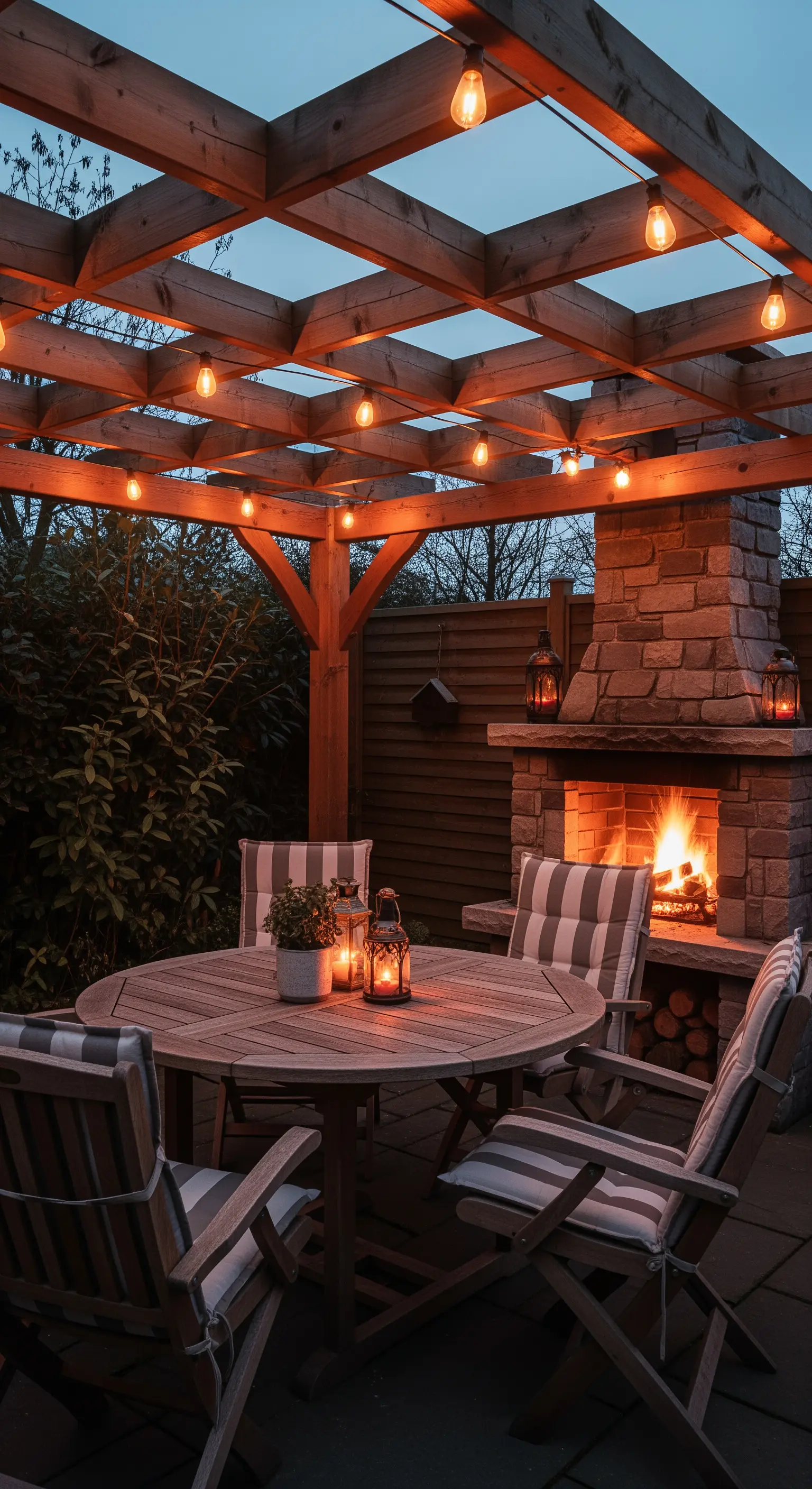 Patio in legno con camino in pietra acceso e tavolo rotondo illuminato da lanterne.
