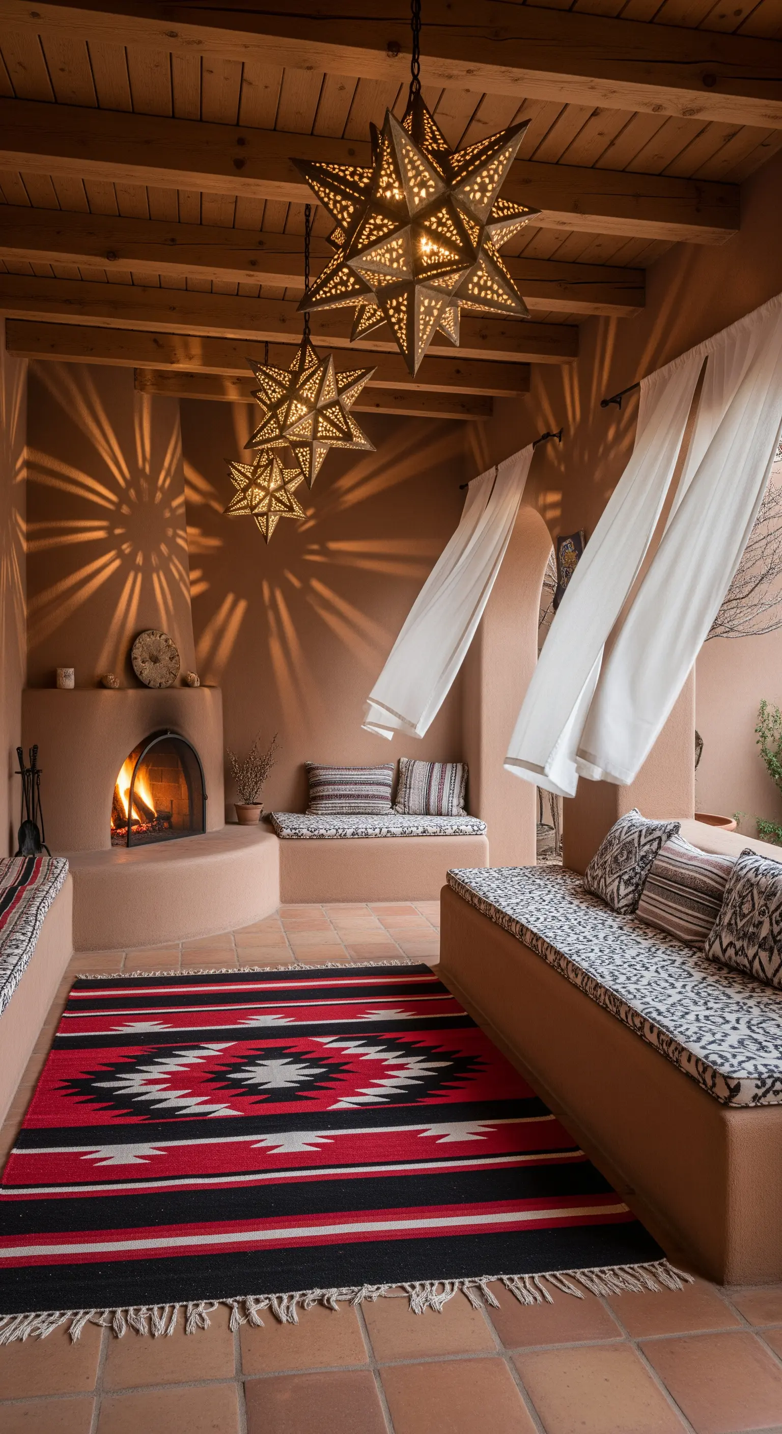 Patio in stile Santa Fe con camino, lanterne a stella e un vivace tappeto navajo.