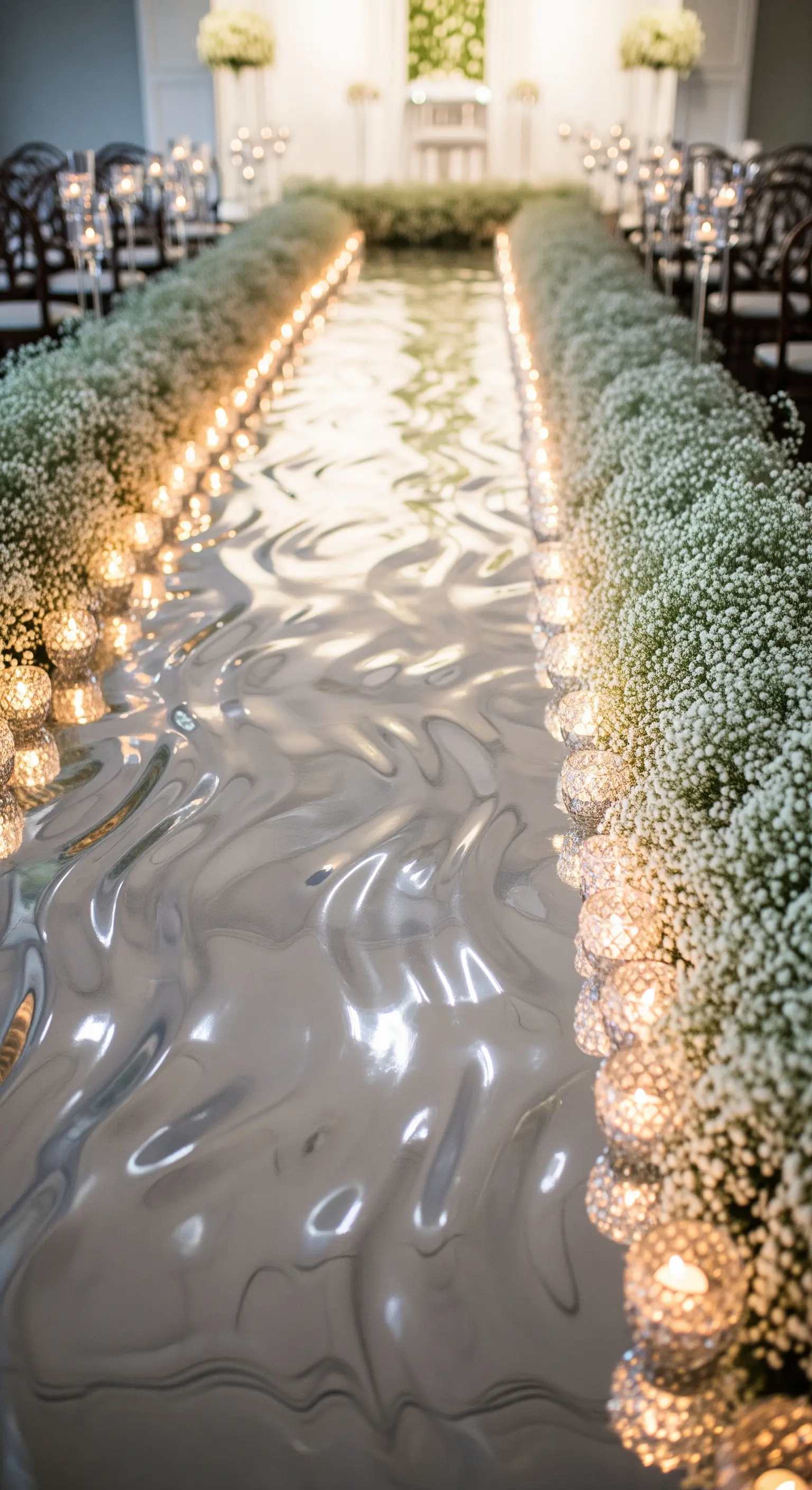 Passatoia a specchio per la navata di una cerimonia, bordata da fiori e candele.